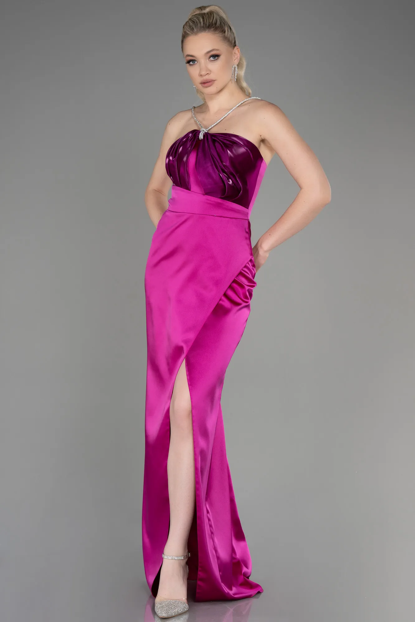 Fuchsia-Long Satin Prom Gown ABU3525
