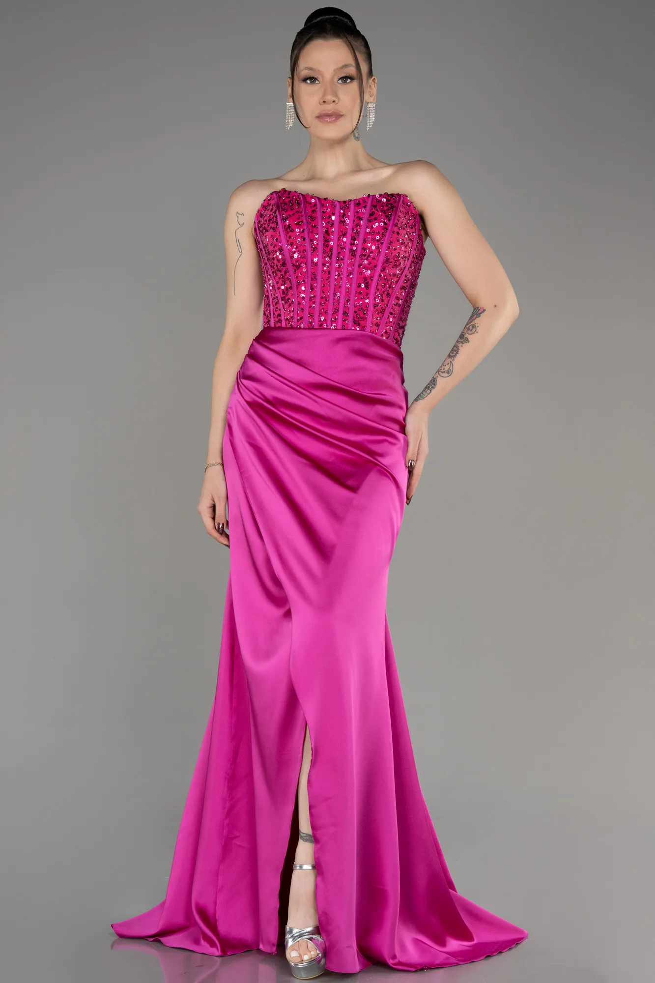 Fuchsia-Long Satin Prom Gown ABU3883