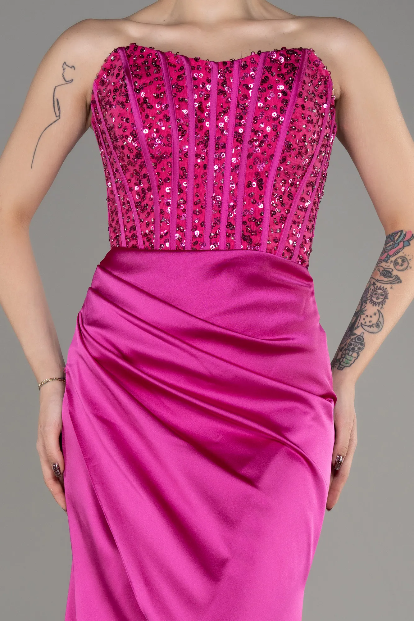 Fuchsia-Long Satin Prom Gown ABU3883