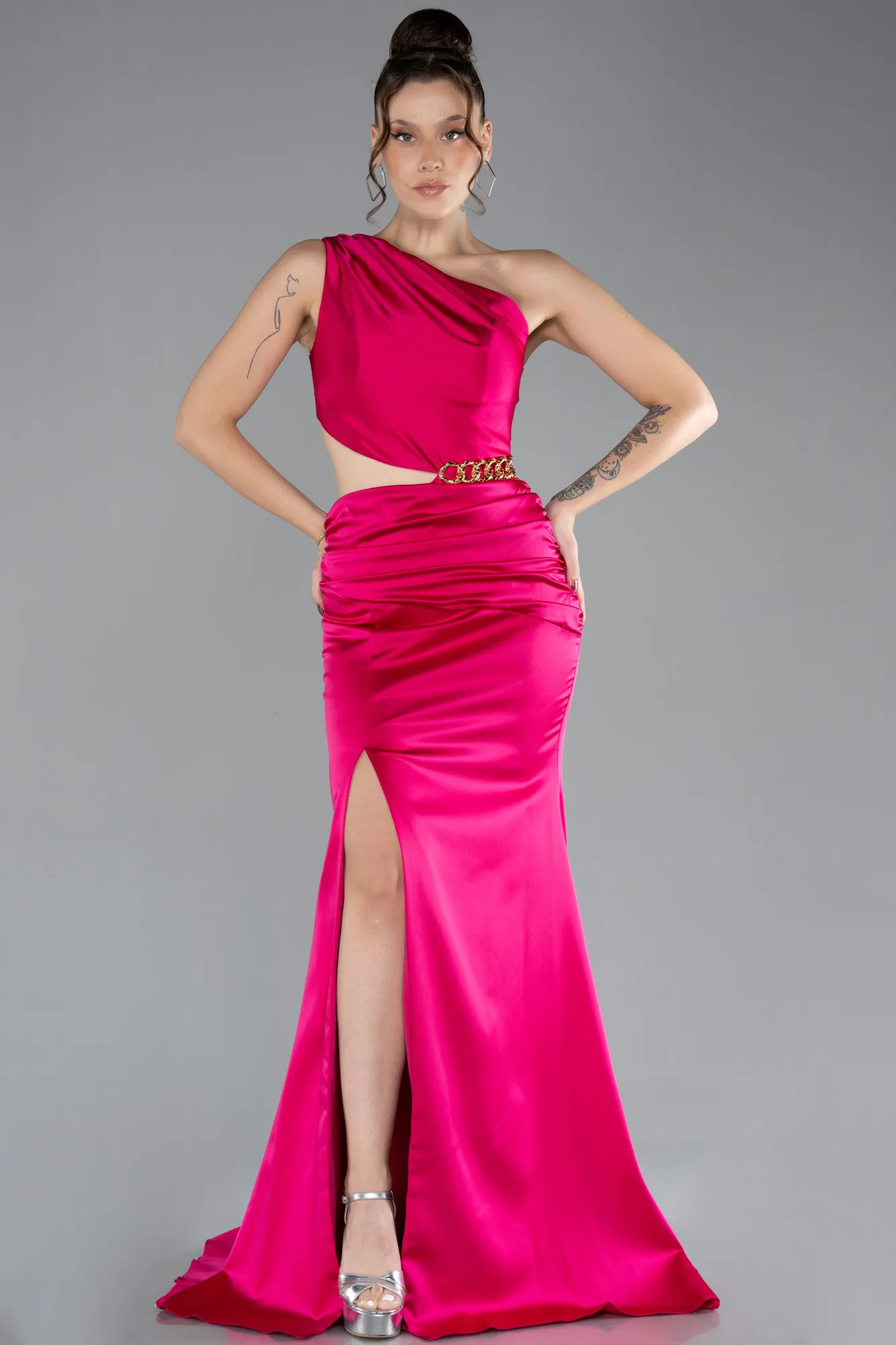 Fuchsia-Long Satin Prom Gown ABU4409