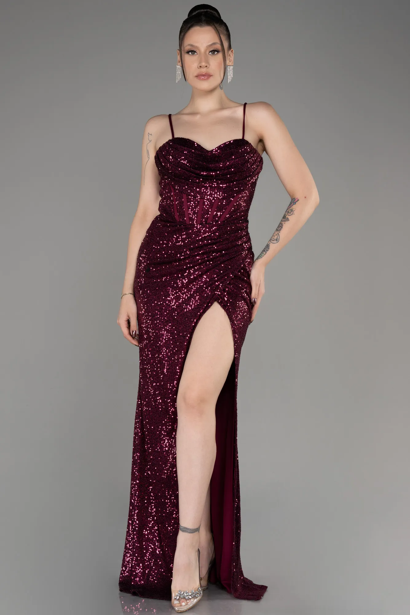 Fuchsia-Long Scaly Evening Dress ABU3246