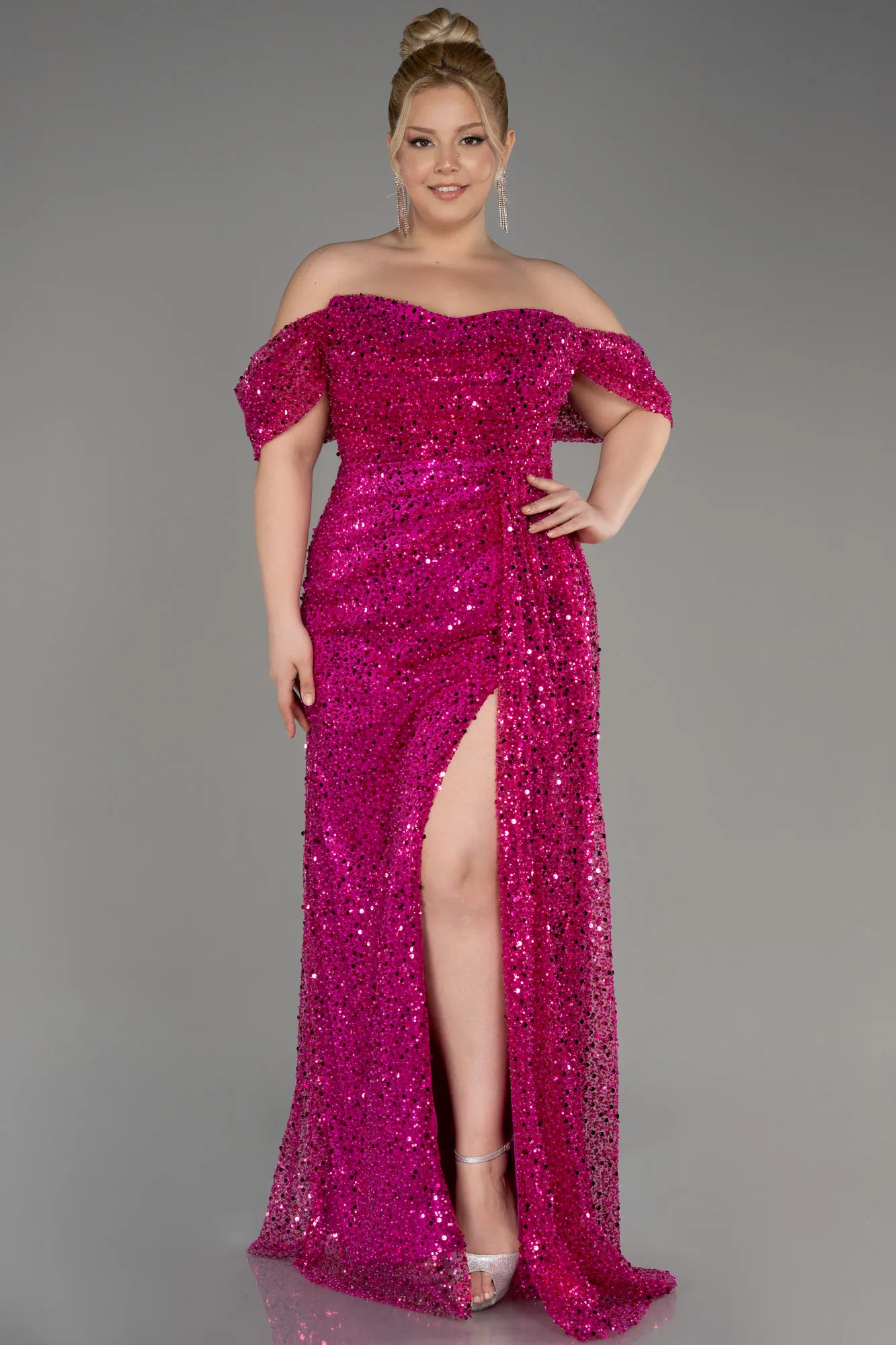 Fuchsia-Long Scaly Plus Size Engagement Dress ABU3579