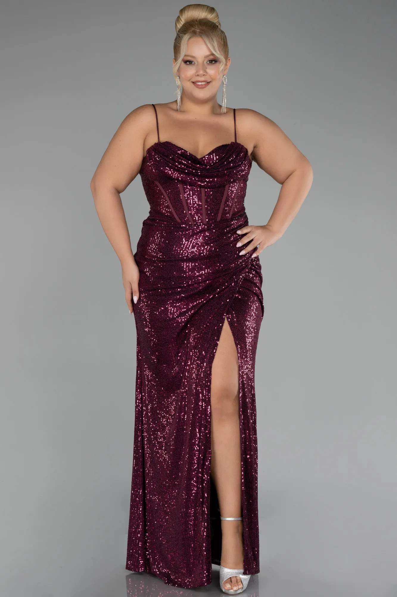 Fuchsia-Long Scaly Plus Size Evening Dress ABU3322