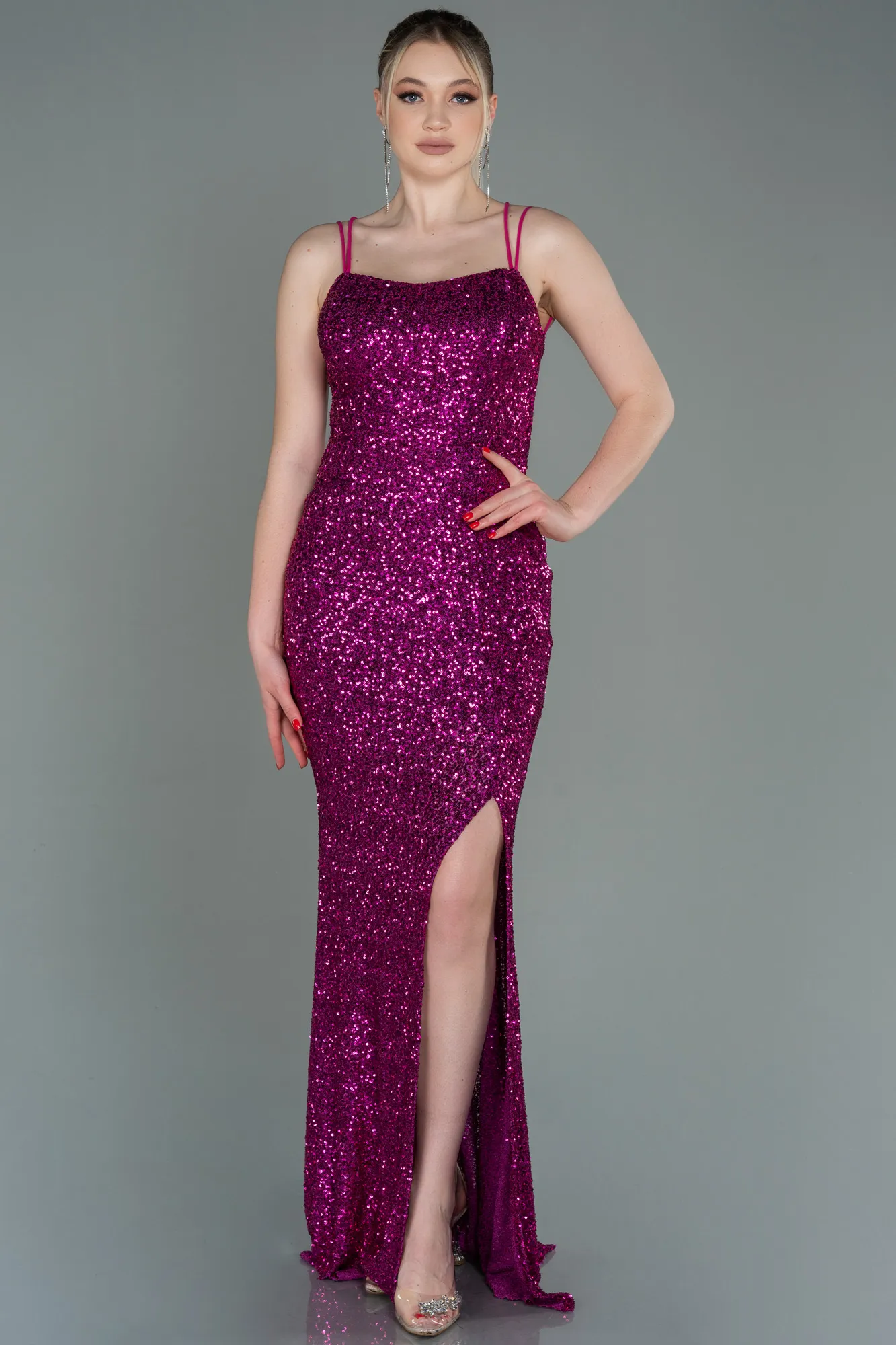 Fuchsia-Long Scaly Prom Gown ABU3118
