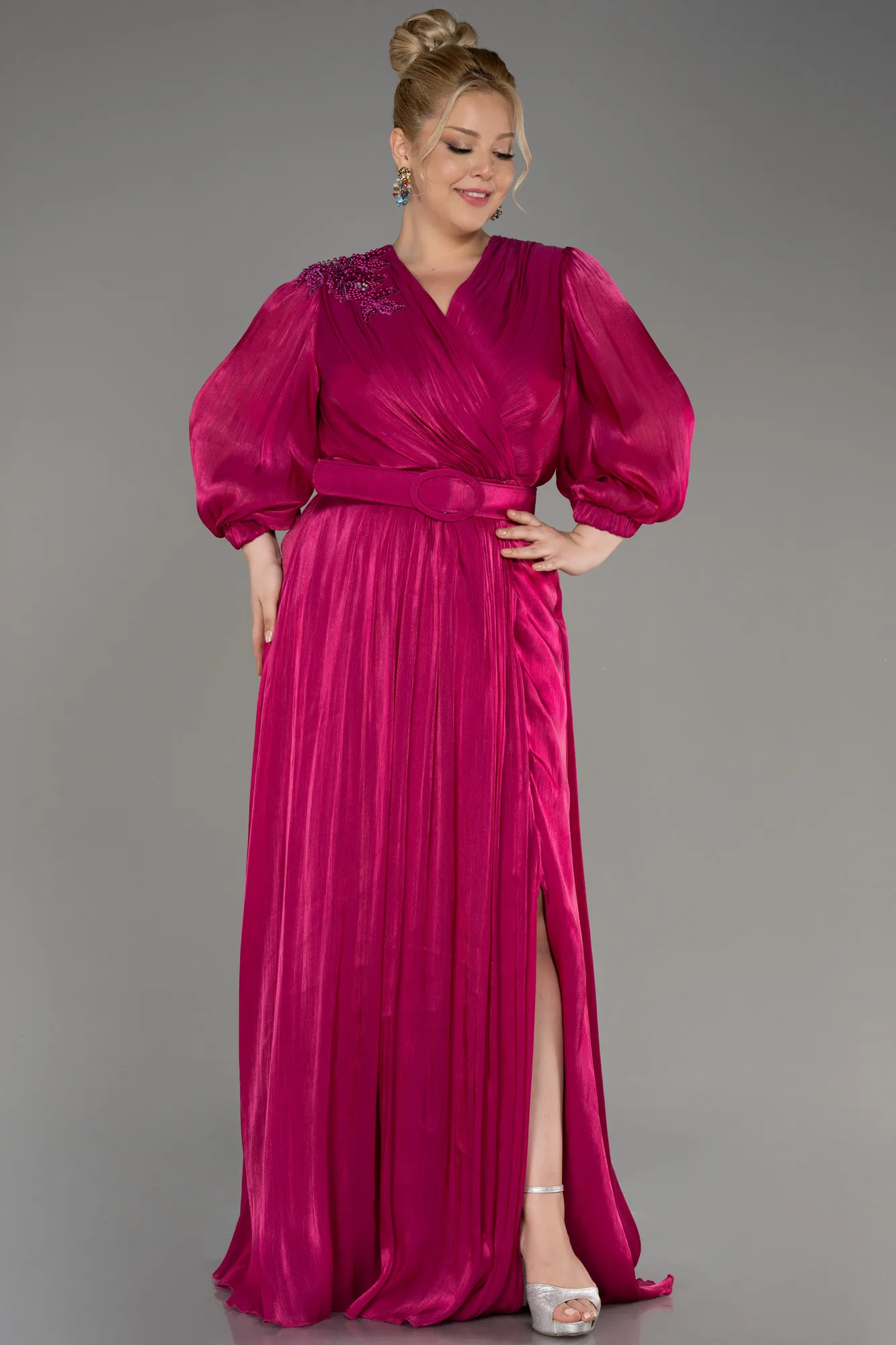 Fuchsia-Long Sleeve Belted Chiffon Plus Size Evening Dress ABU3871