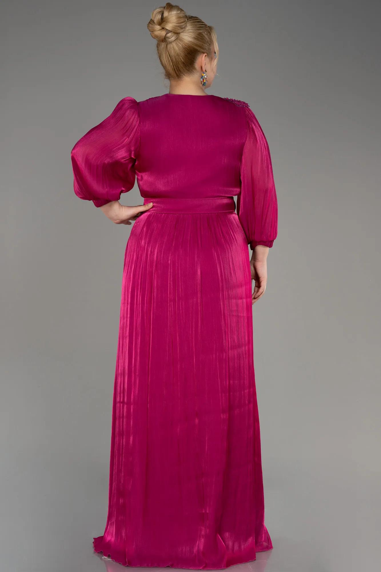 Fuchsia-Long Sleeve Belted Chiffon Plus Size Evening Dress ABU3871