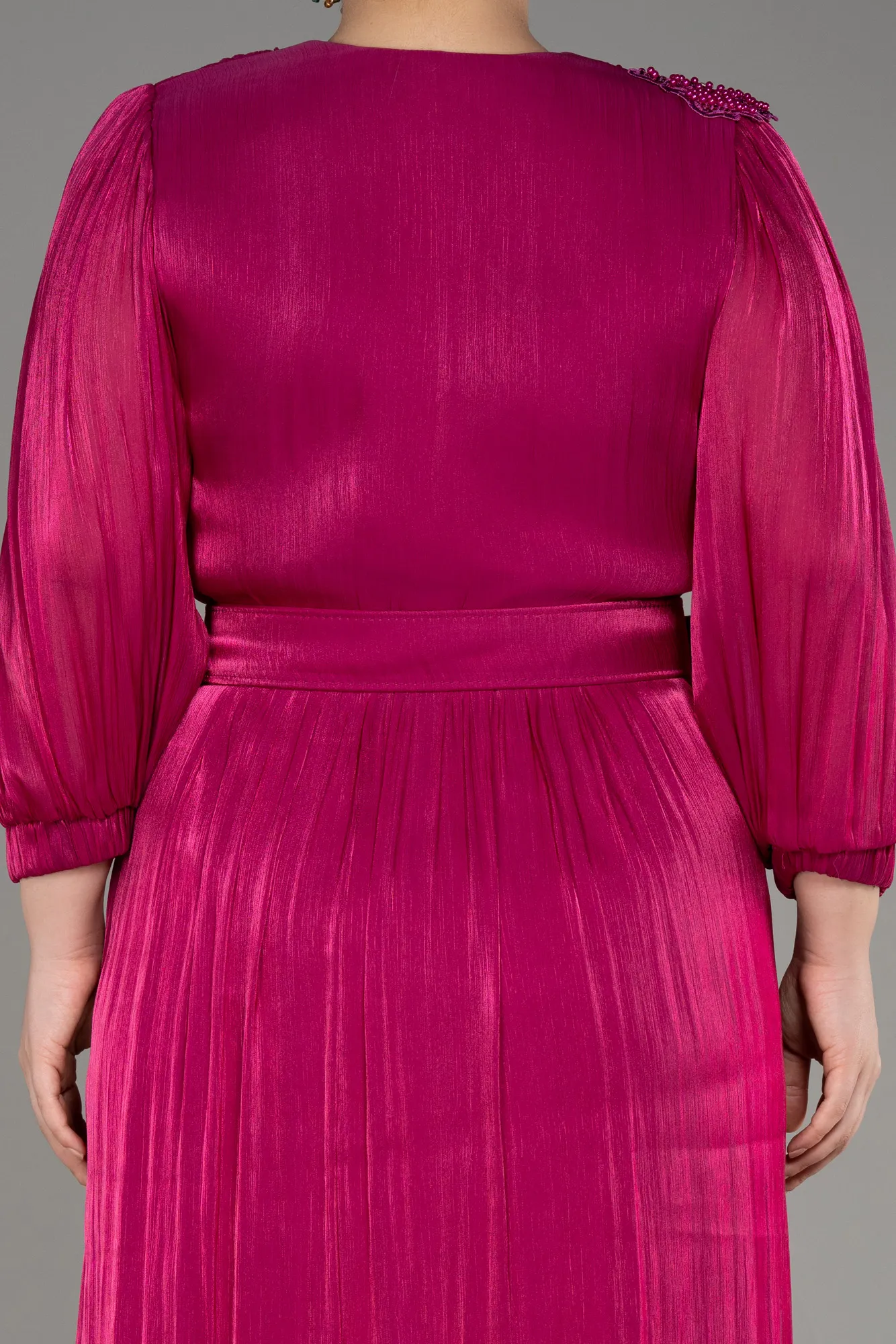 Fuchsia-Long Sleeve Belted Chiffon Plus Size Evening Dress ABU3871