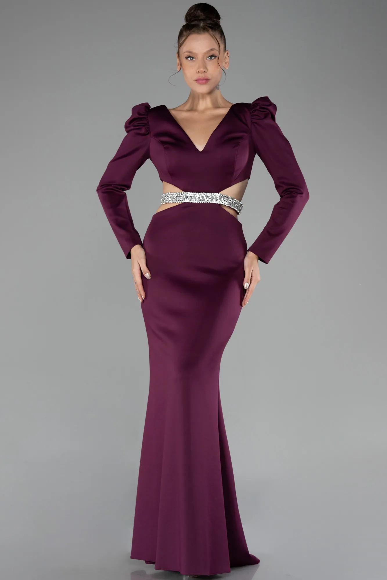 Fuchsia-Long Sleeve Cut Out Evening Dress ABU4297