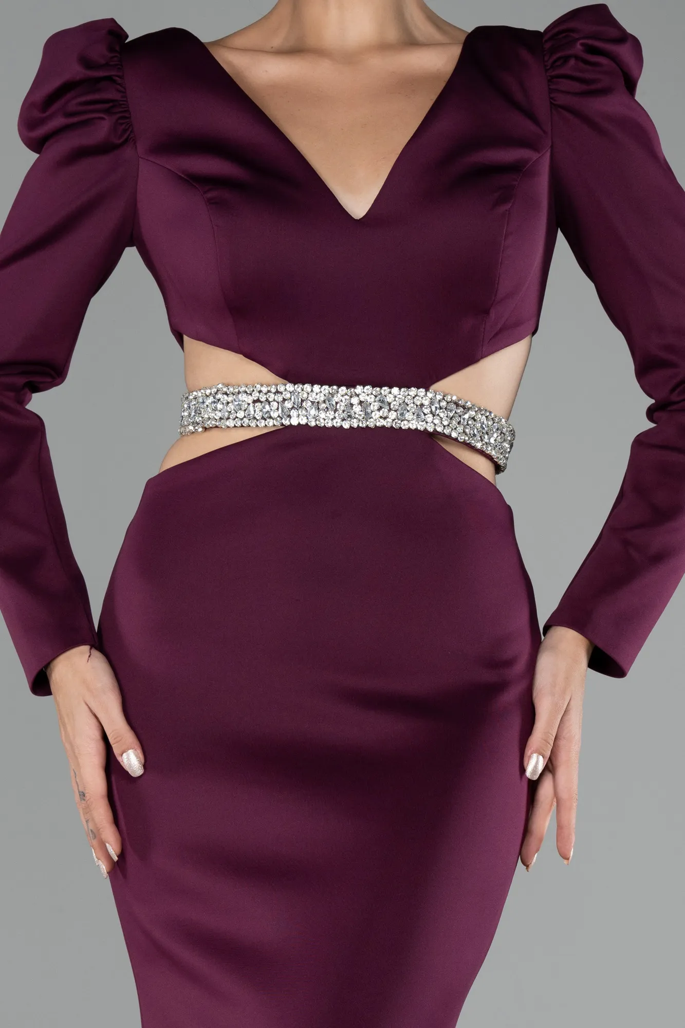 Fuchsia-Long Sleeve Cut Out Evening Dress ABU4297