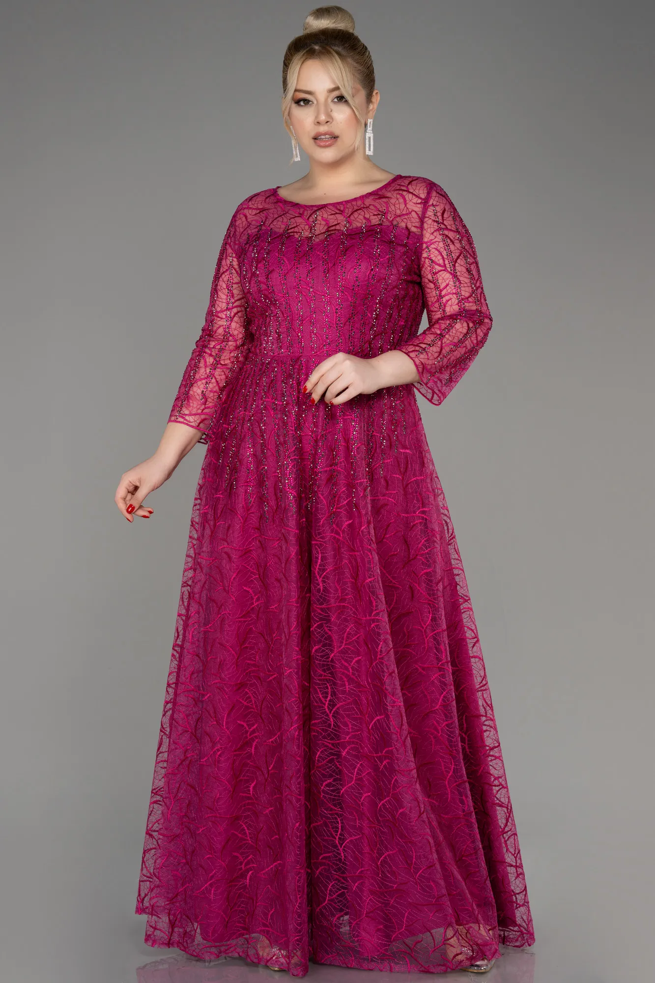 Fuchsia-Long Sleeve Laced Plus Size Evening Dress ABU3932