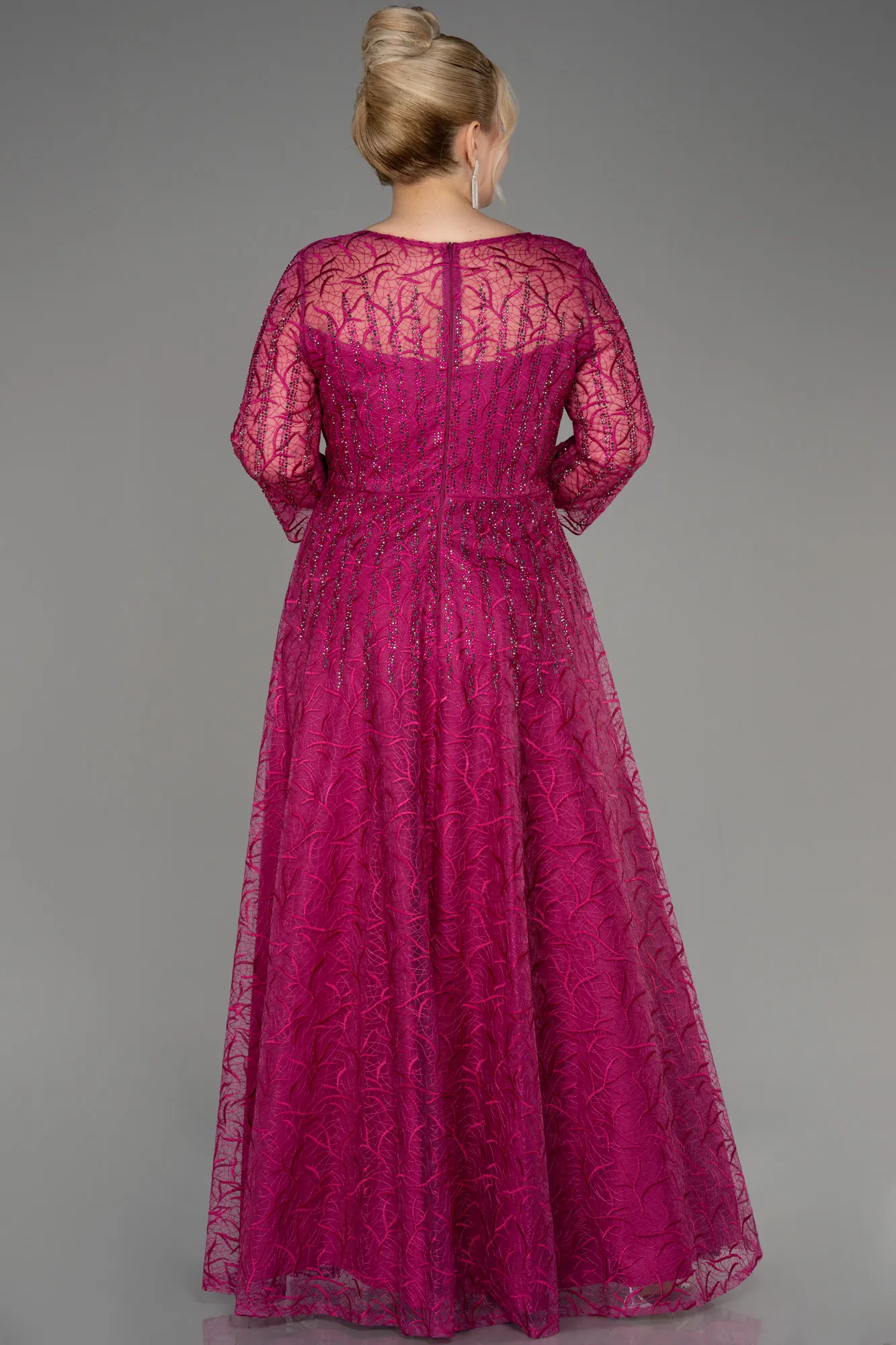 Fuchsia-Long Sleeve Laced Plus Size Evening Dress ABU3932