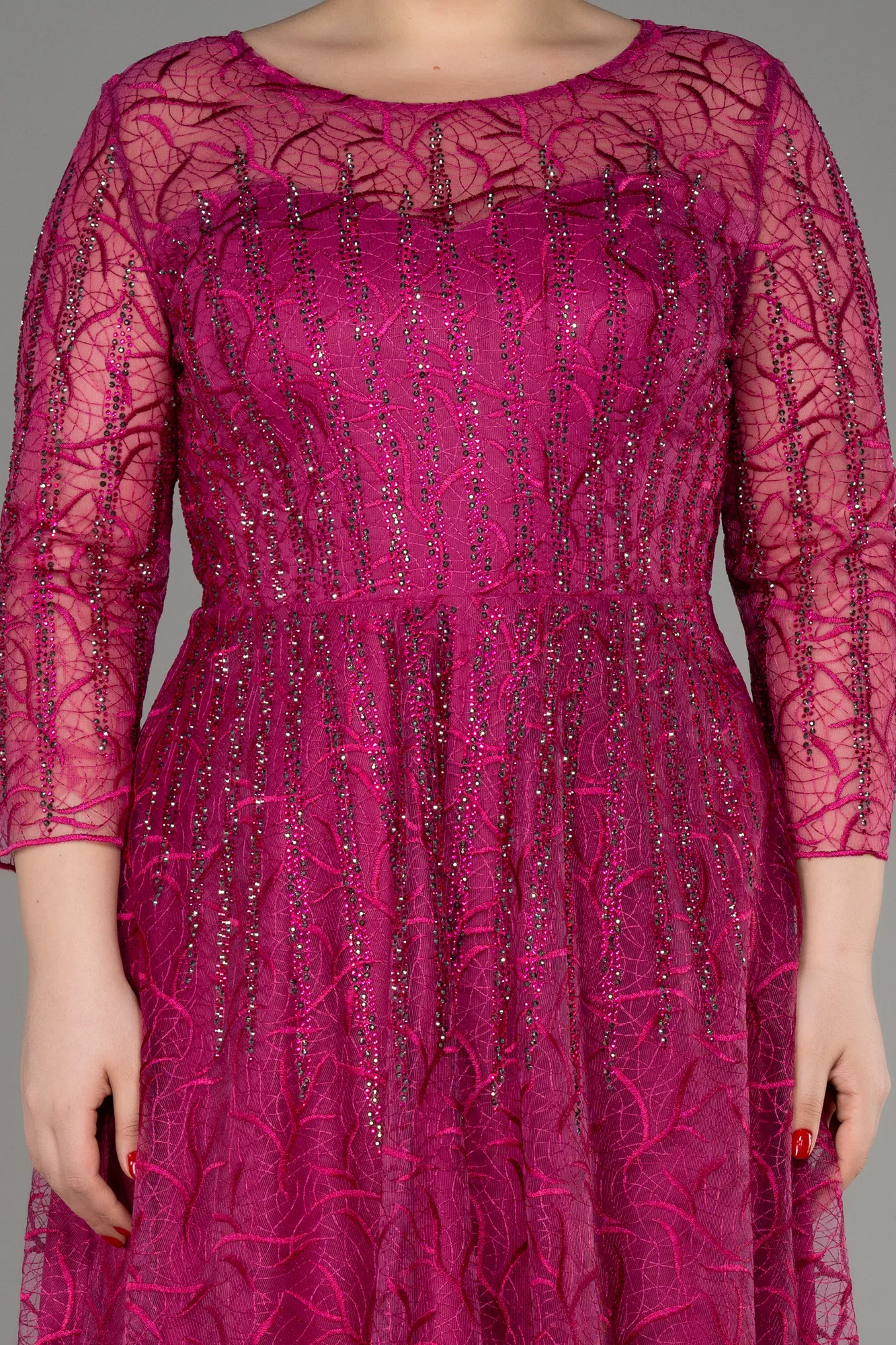 Fuchsia-Long Sleeve Laced Plus Size Evening Dress ABU3932