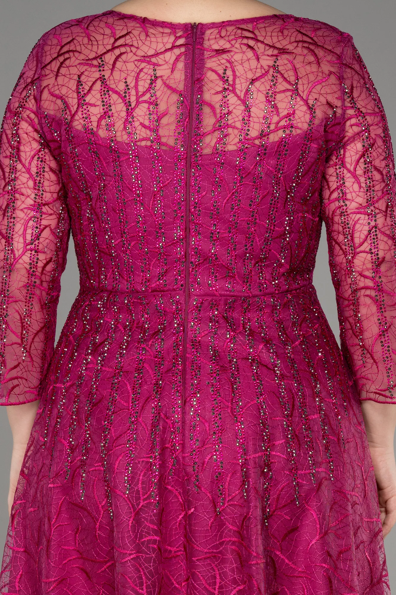 Fuchsia-Long Sleeve Laced Plus Size Evening Dress ABU3932