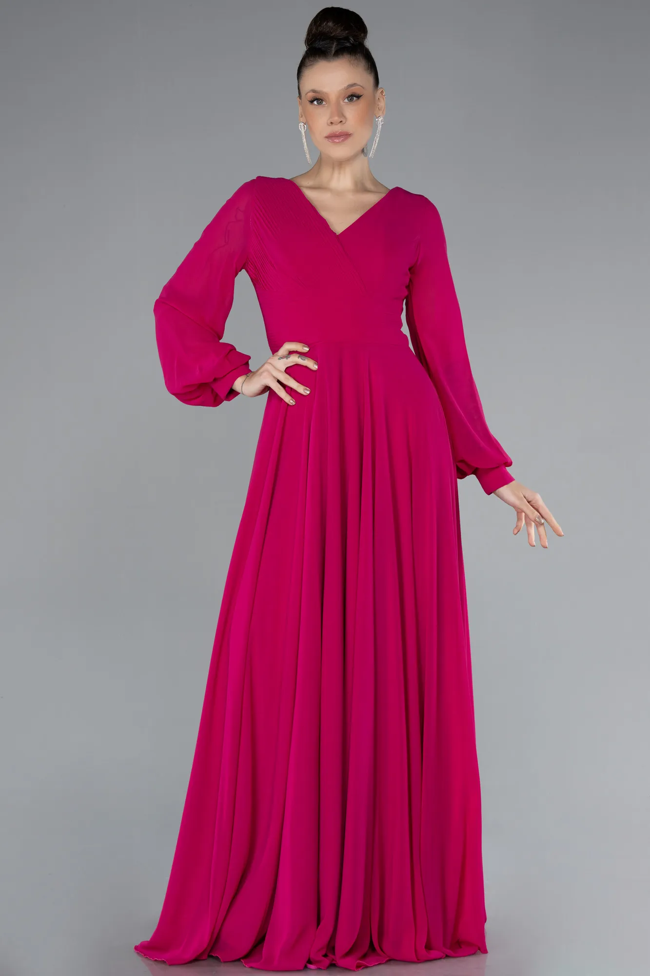 Fuchsia-Long Sleeve V Neck Chiffon Evening Dress ABU4533