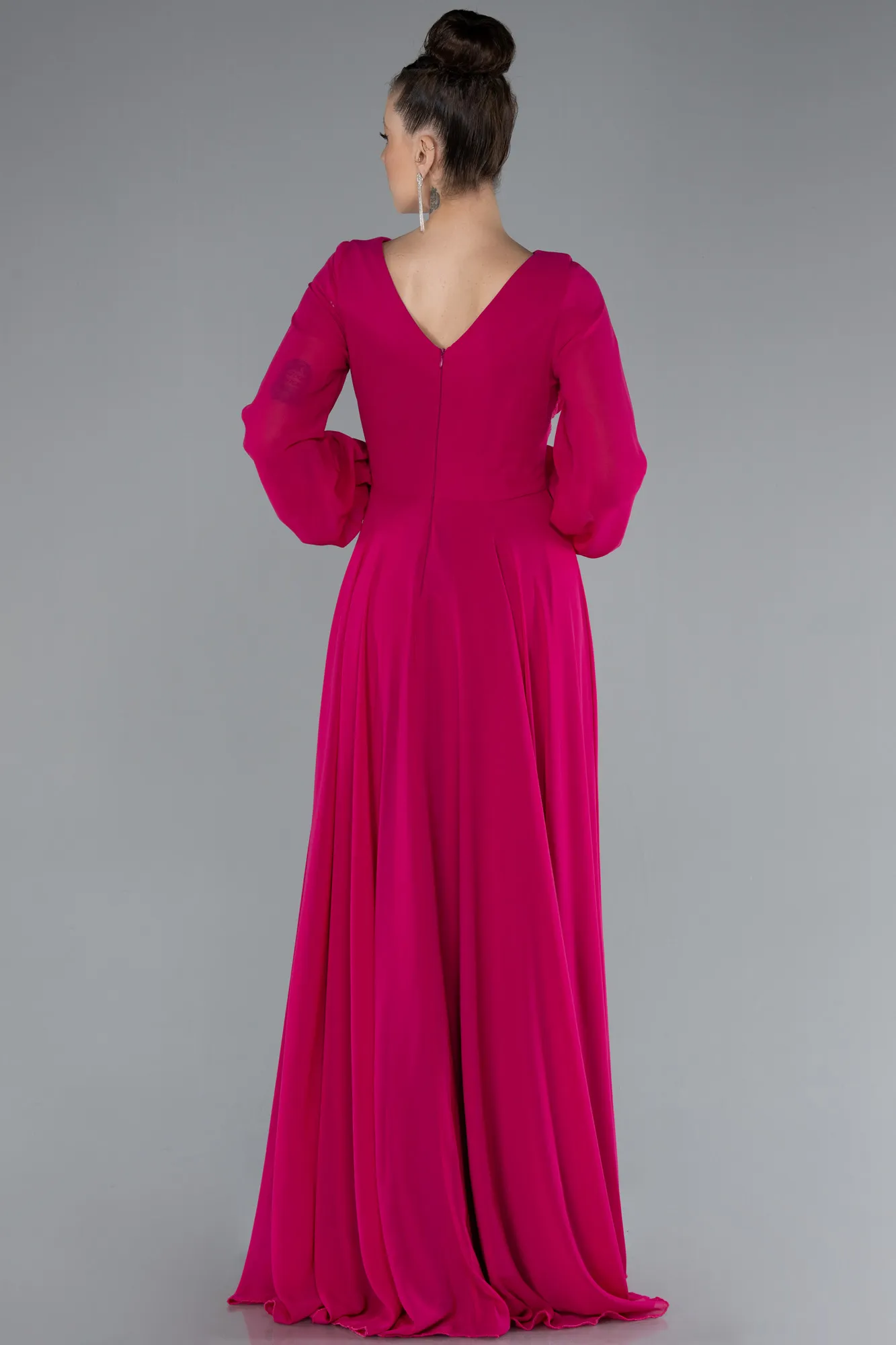 Fuchsia-Long Sleeve V Neck Chiffon Evening Dress ABU4533