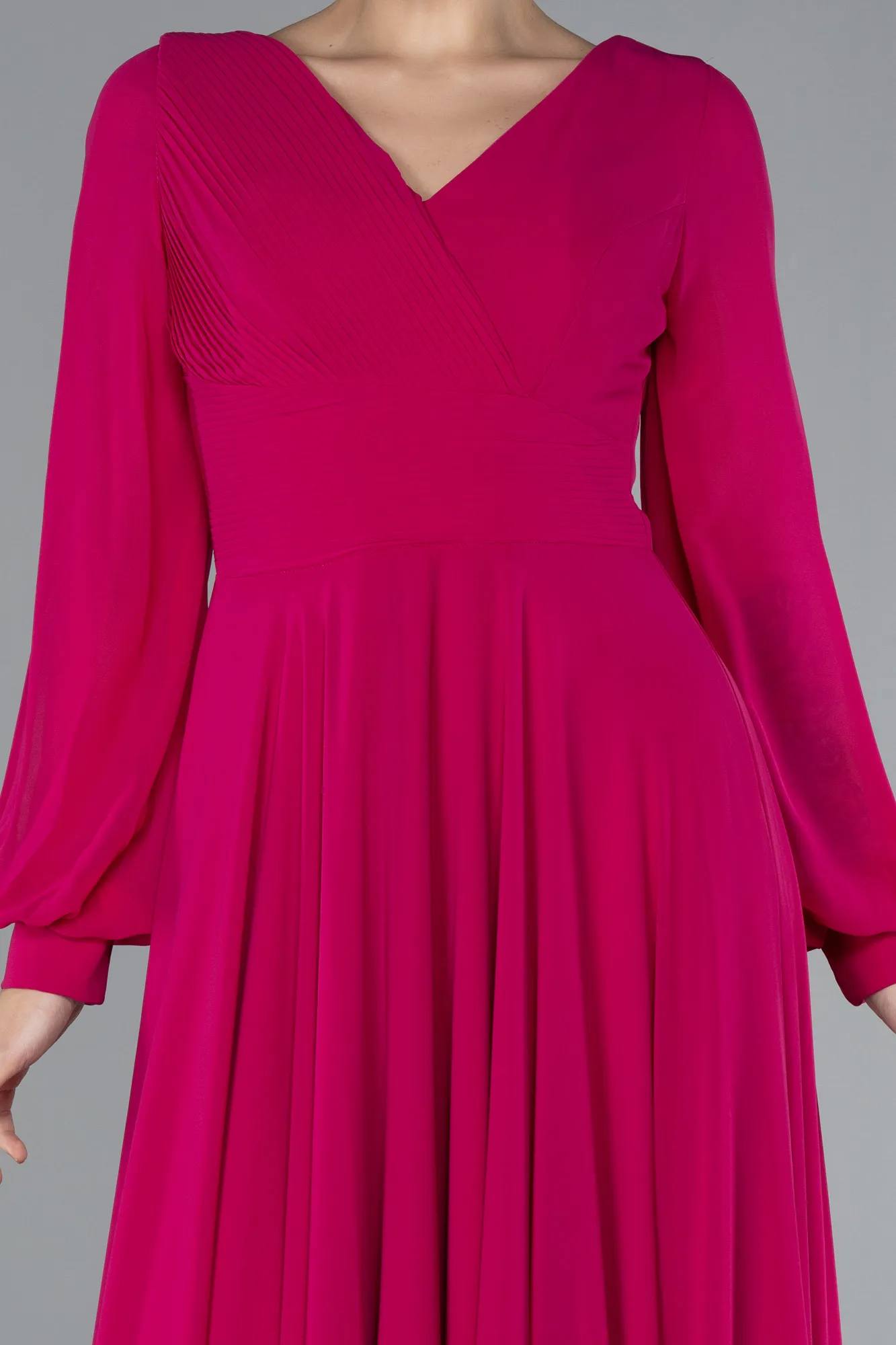 Fuchsia-Long Sleeve V Neck Chiffon Evening Dress ABU4533