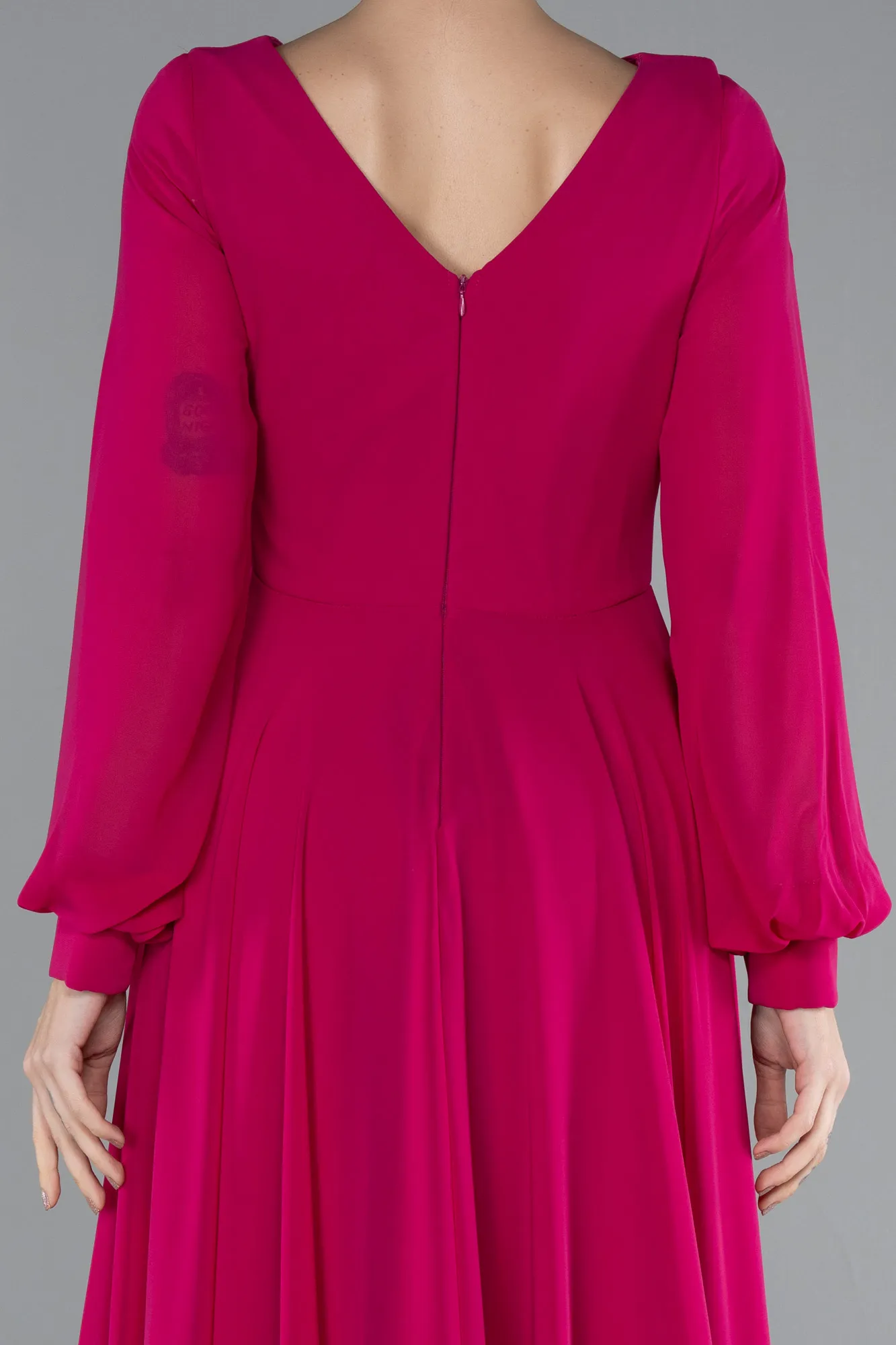 Fuchsia-Long Sleeve V Neck Chiffon Evening Dress ABU4533