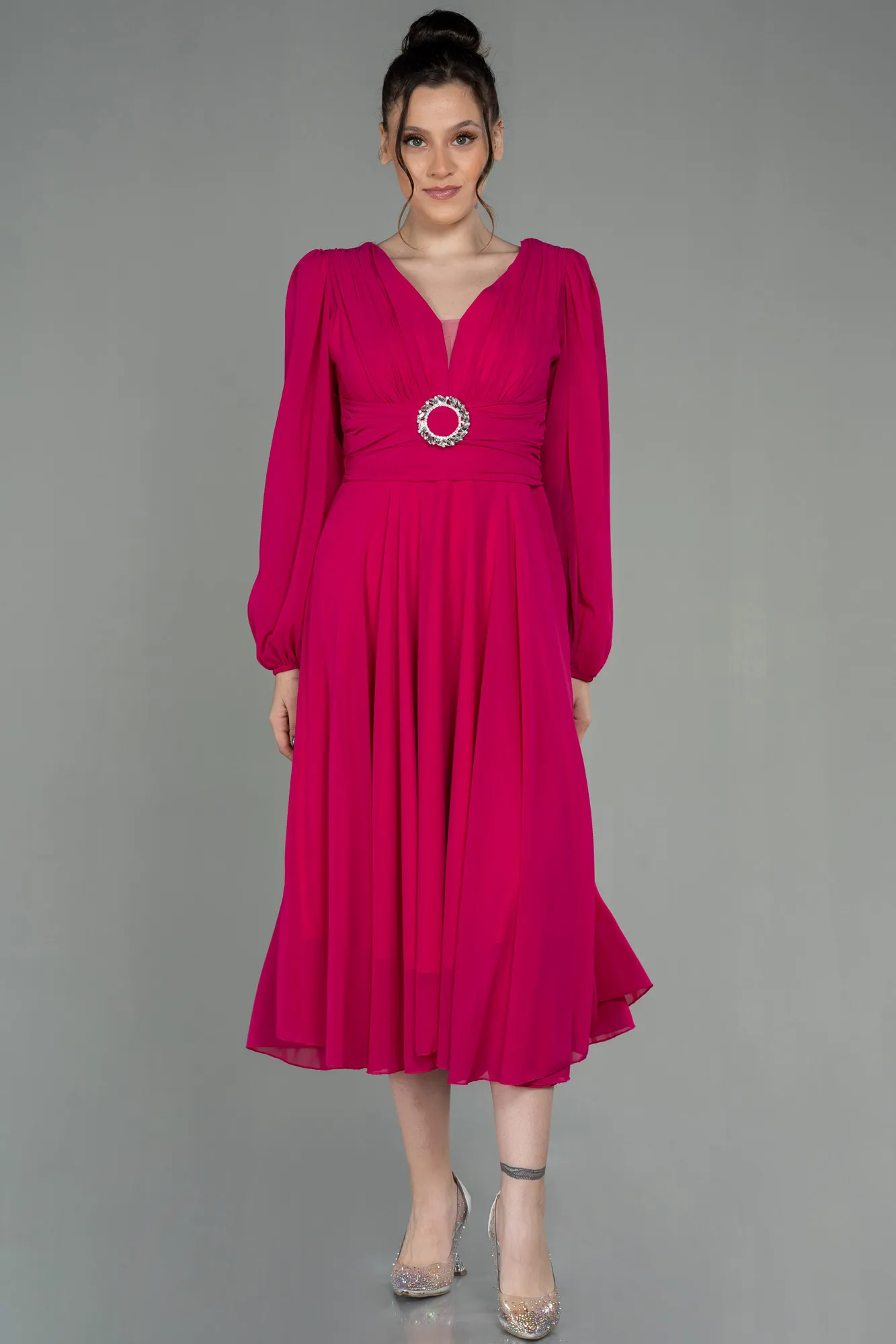 Fuchsia-Midi Chiffon Invitation Dress ABK1667
