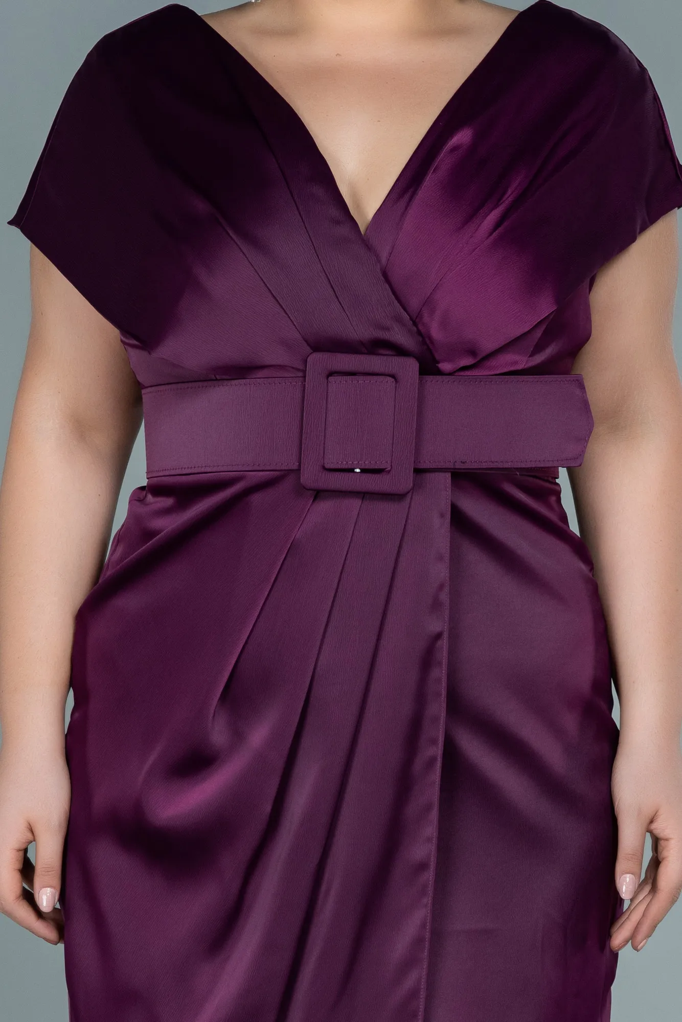 Fuchsia-Midi Satin Plus Size Evening Dress ABK1499
