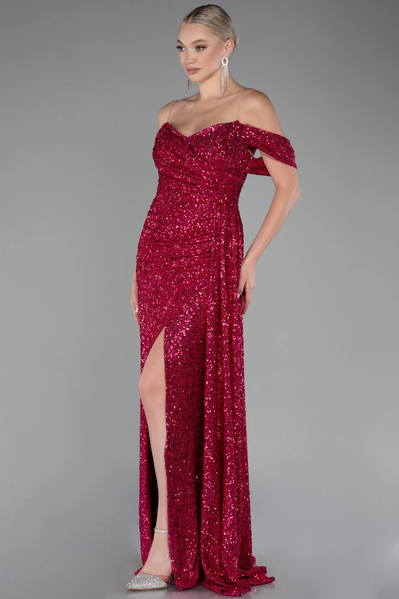 Fuchsia-Off Shoulder Boat Neck Slit Sequined Long Evening Gown ABU4074