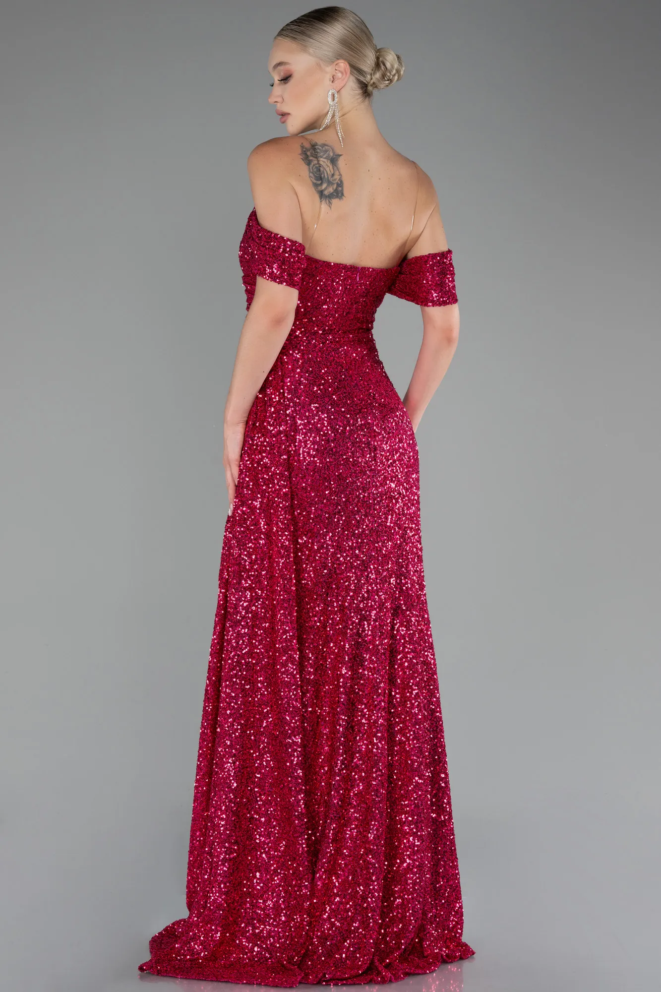 Fuchsia-Off Shoulder Boat Neck Slit Sequined Long Evening Gown ABU4074