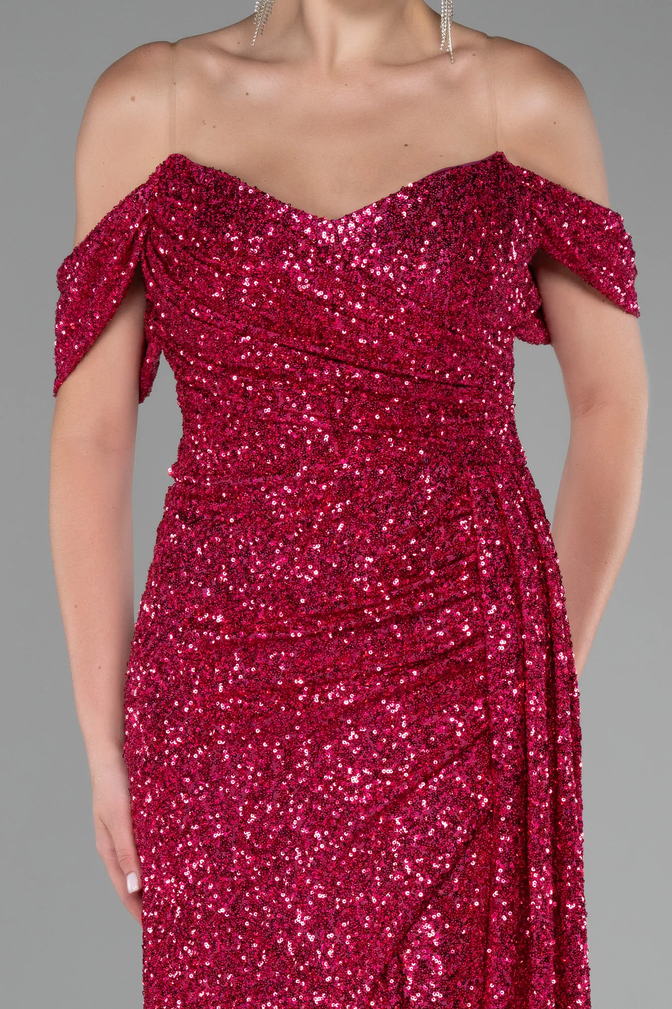 Fuchsia-Off Shoulder Boat Neck Slit Sequined Long Evening Gown ABU4074