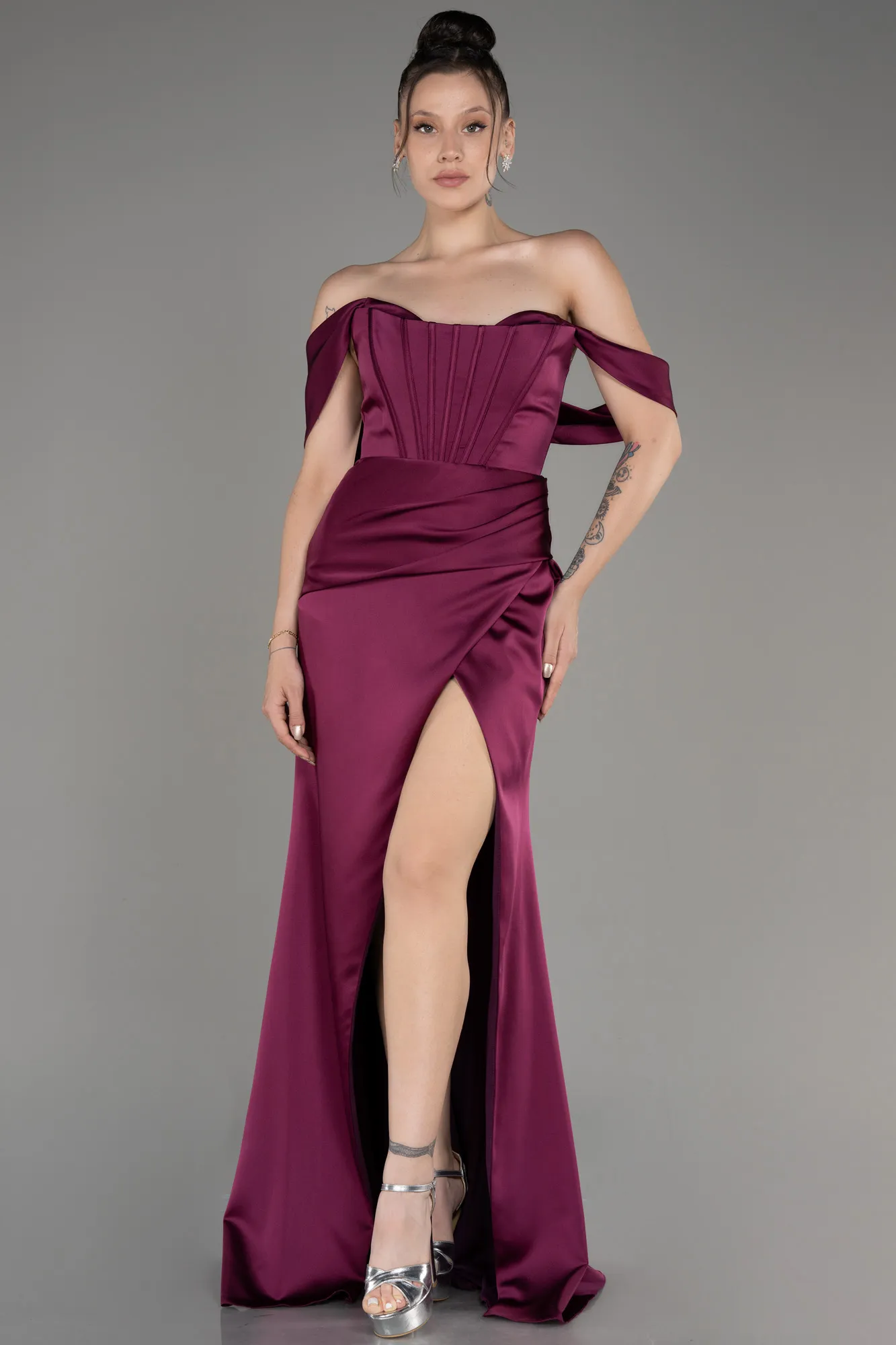 Fuchsia-Off Shoulder Slit Satin Prom Dress ABU3964