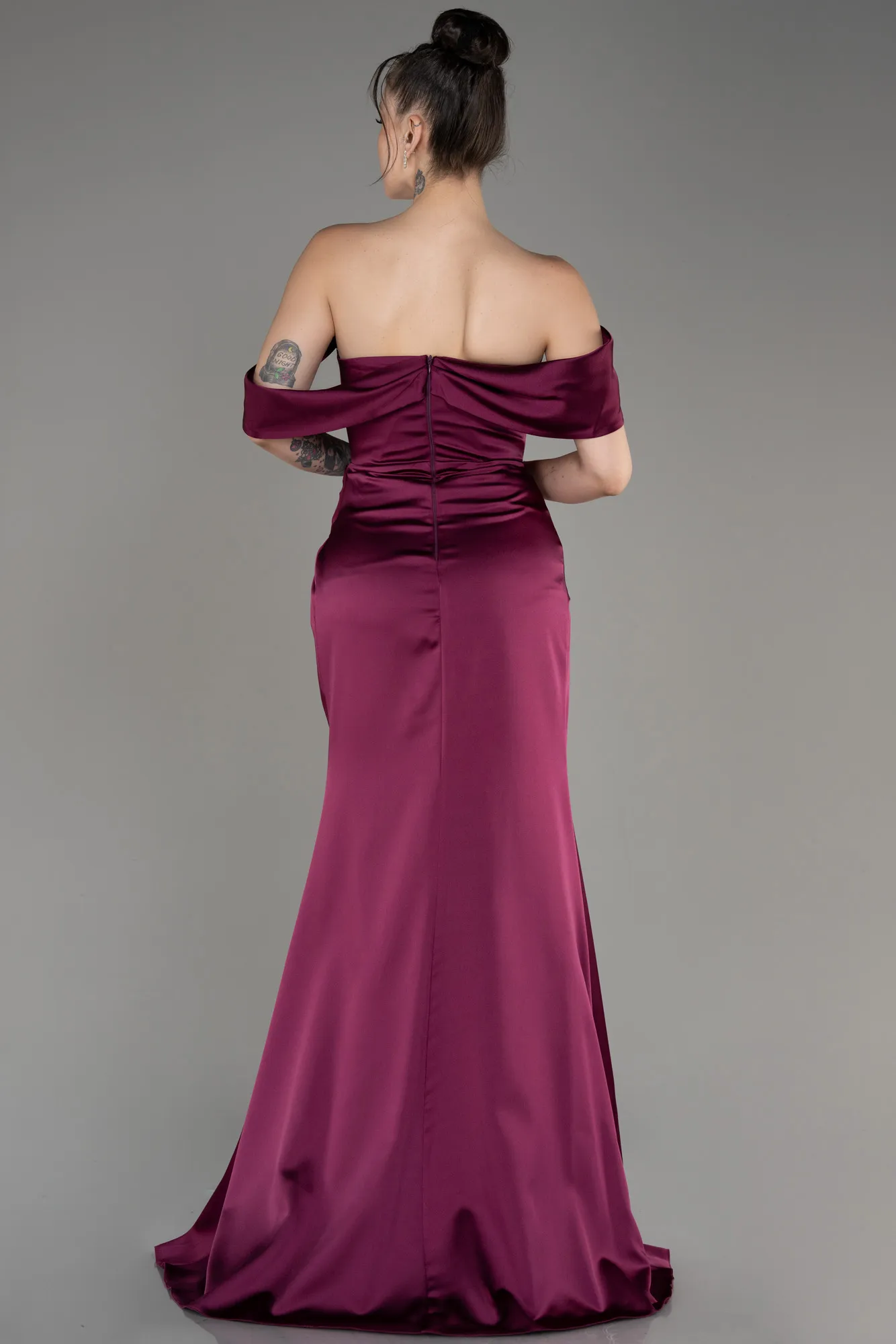 Fuchsia-Off Shoulder Slit Satin Prom Dress ABU3964