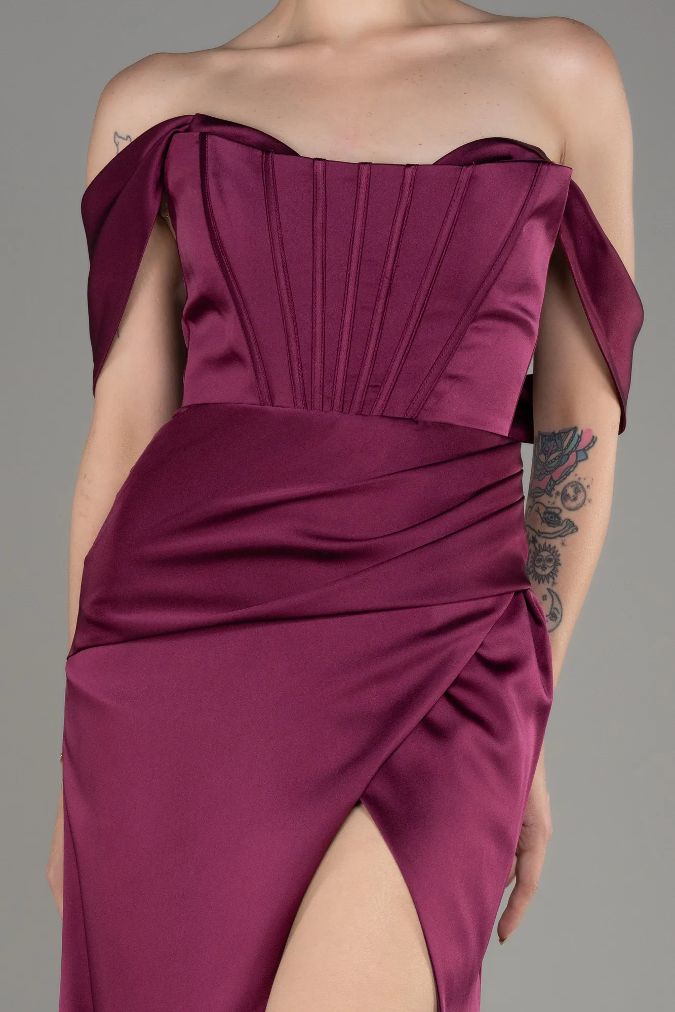 Fuchsia-Off Shoulder Slit Satin Prom Dress ABU3964