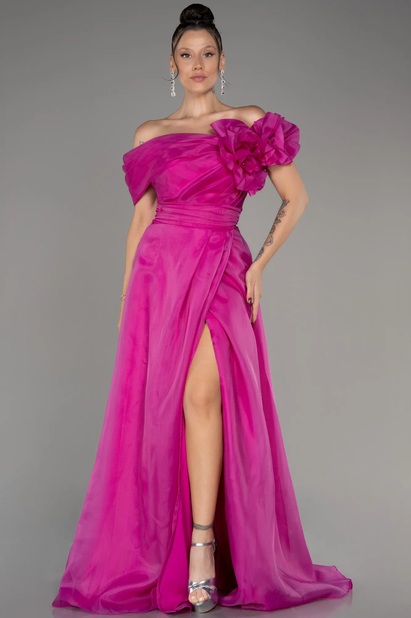 Fuchsia-Off The Shoulder Slit Ball Gown Dress ABU4044