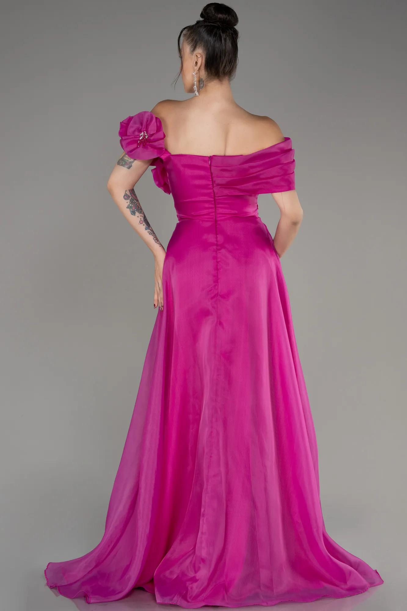 Fuchsia-Off The Shoulder Slit Ball Gown Dress ABU4044