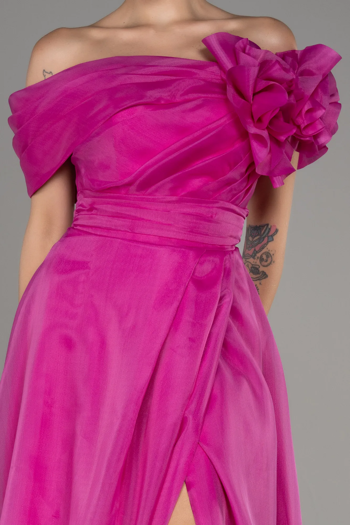 Fuchsia-Off The Shoulder Slit Ball Gown Dress ABU4044