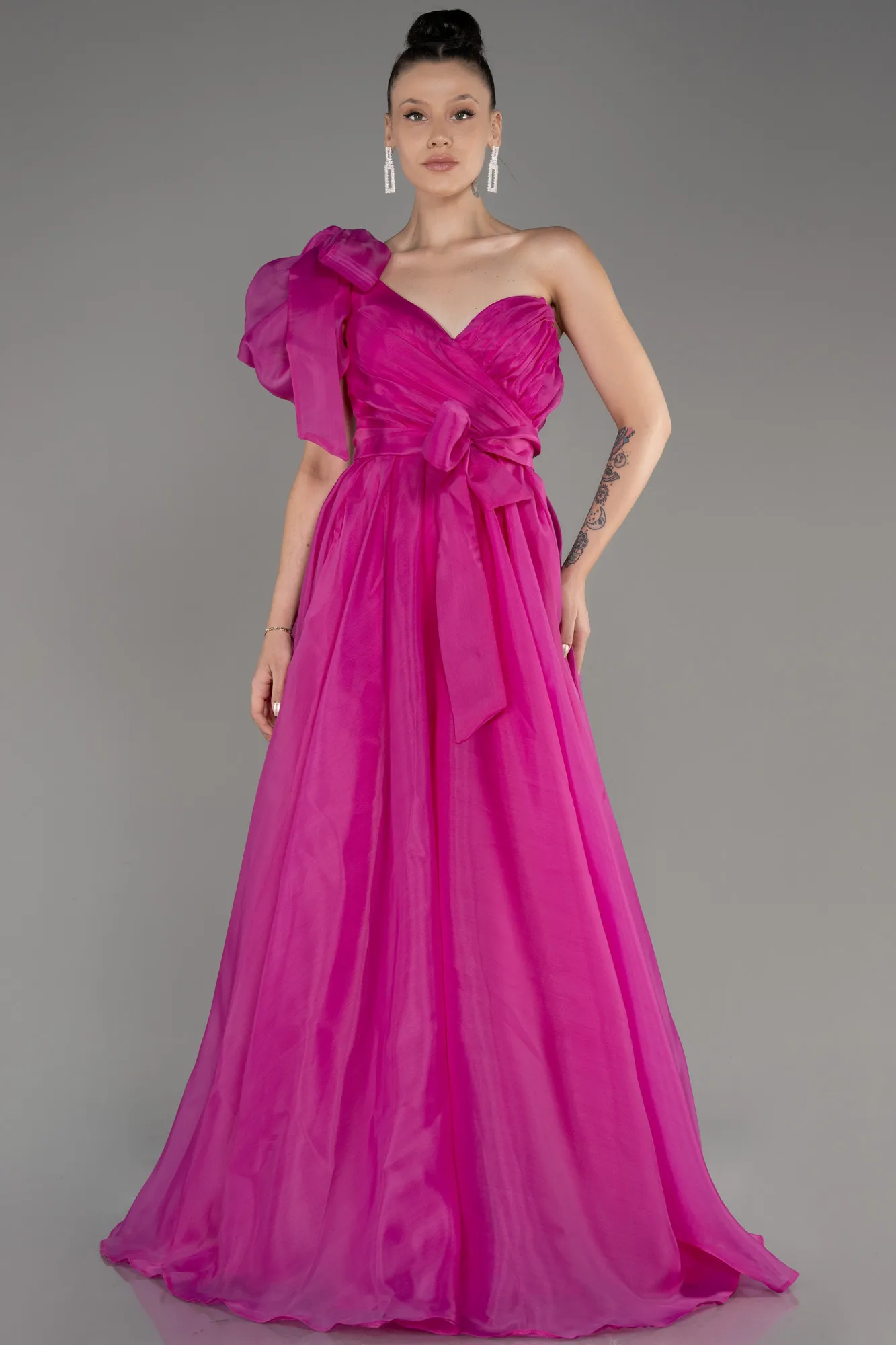 Fuchsia-One Shoulder Long Ball Gown Dress ABU3984