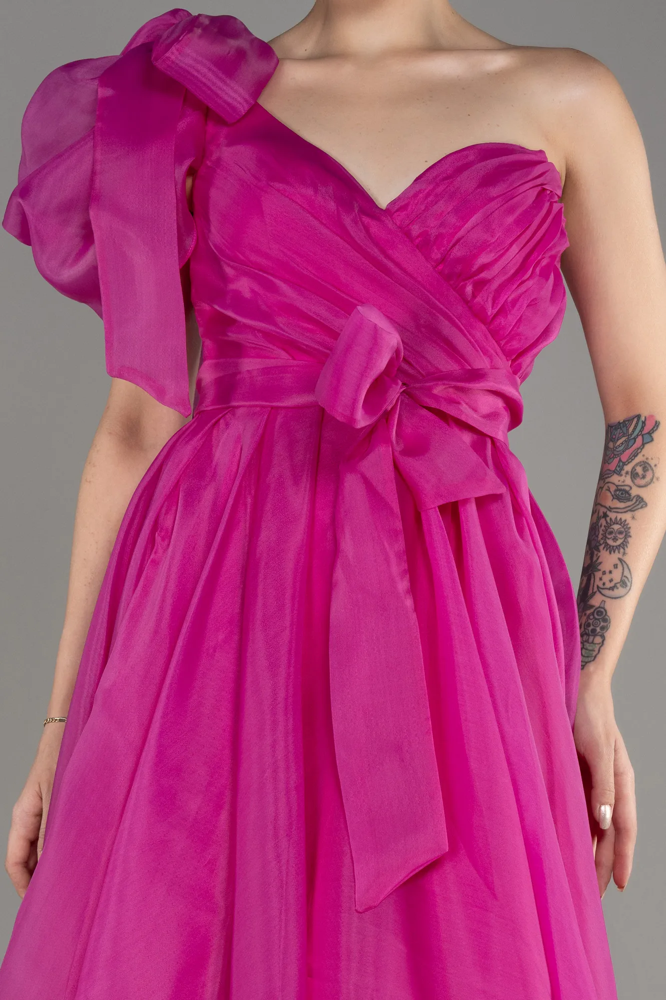 Fuchsia-One Shoulder Long Ball Gown Dress ABU3984