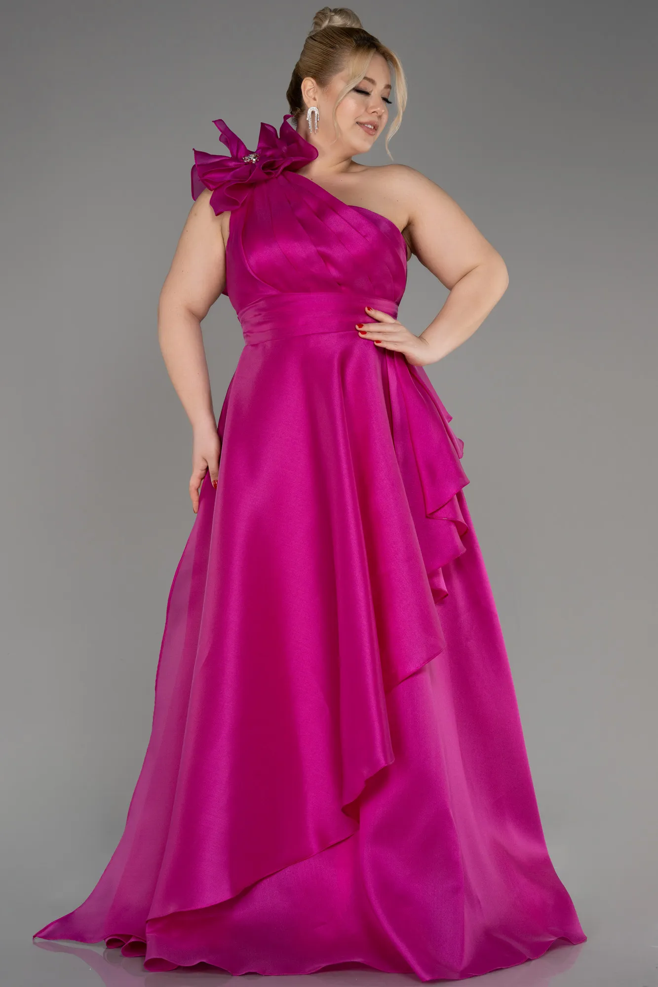 Fuchsia-One Shoulder Long Plus Size Prom Dress ABU3940