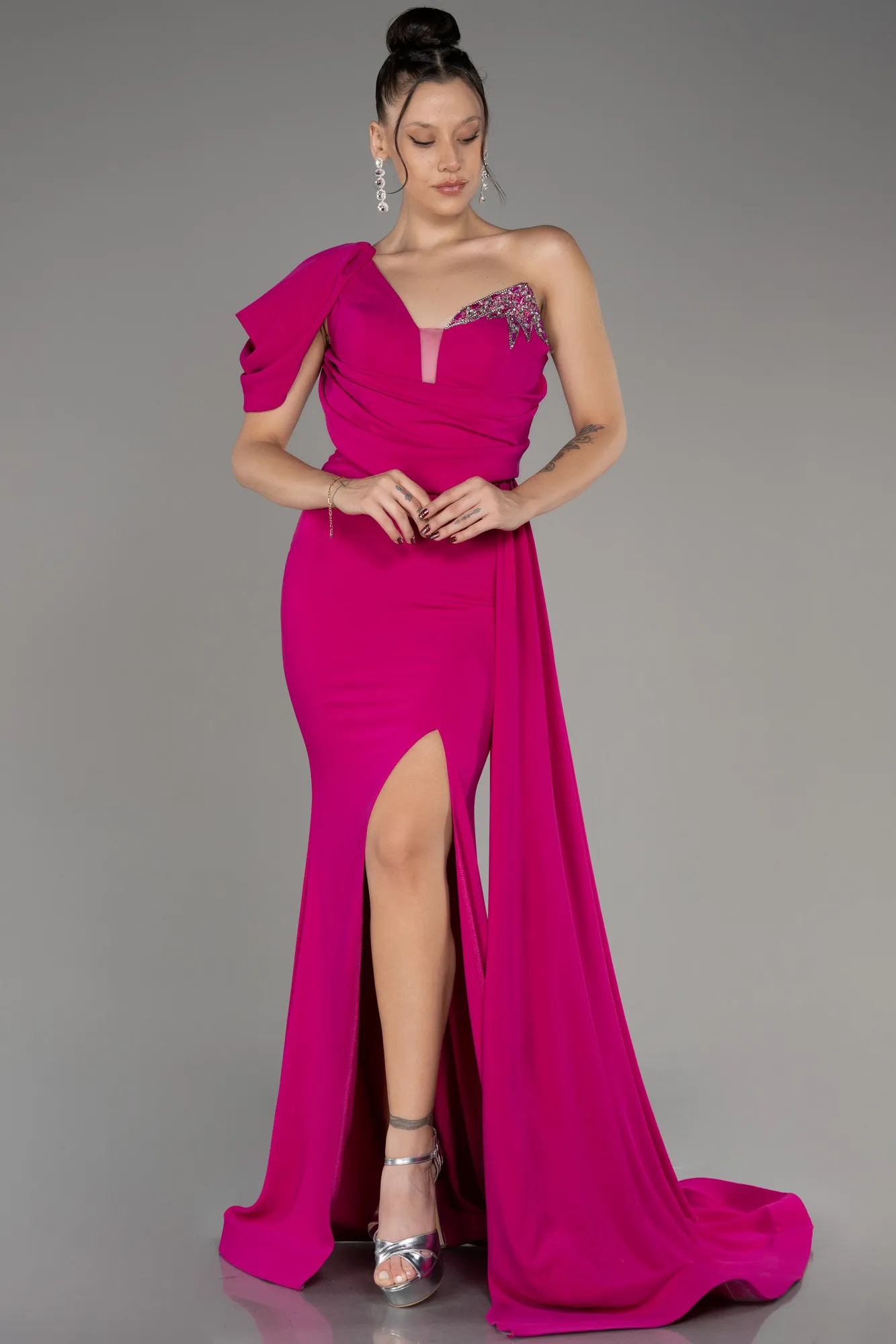 Fuchsia-One Shoulder Slit Long Evening Dress ABU4042