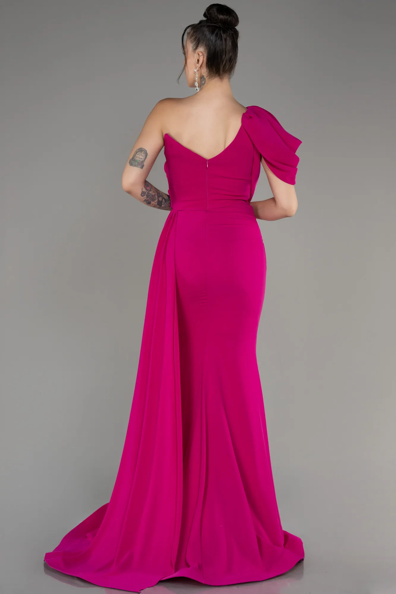 Fuchsia-One Shoulder Slit Long Evening Dress ABU4042