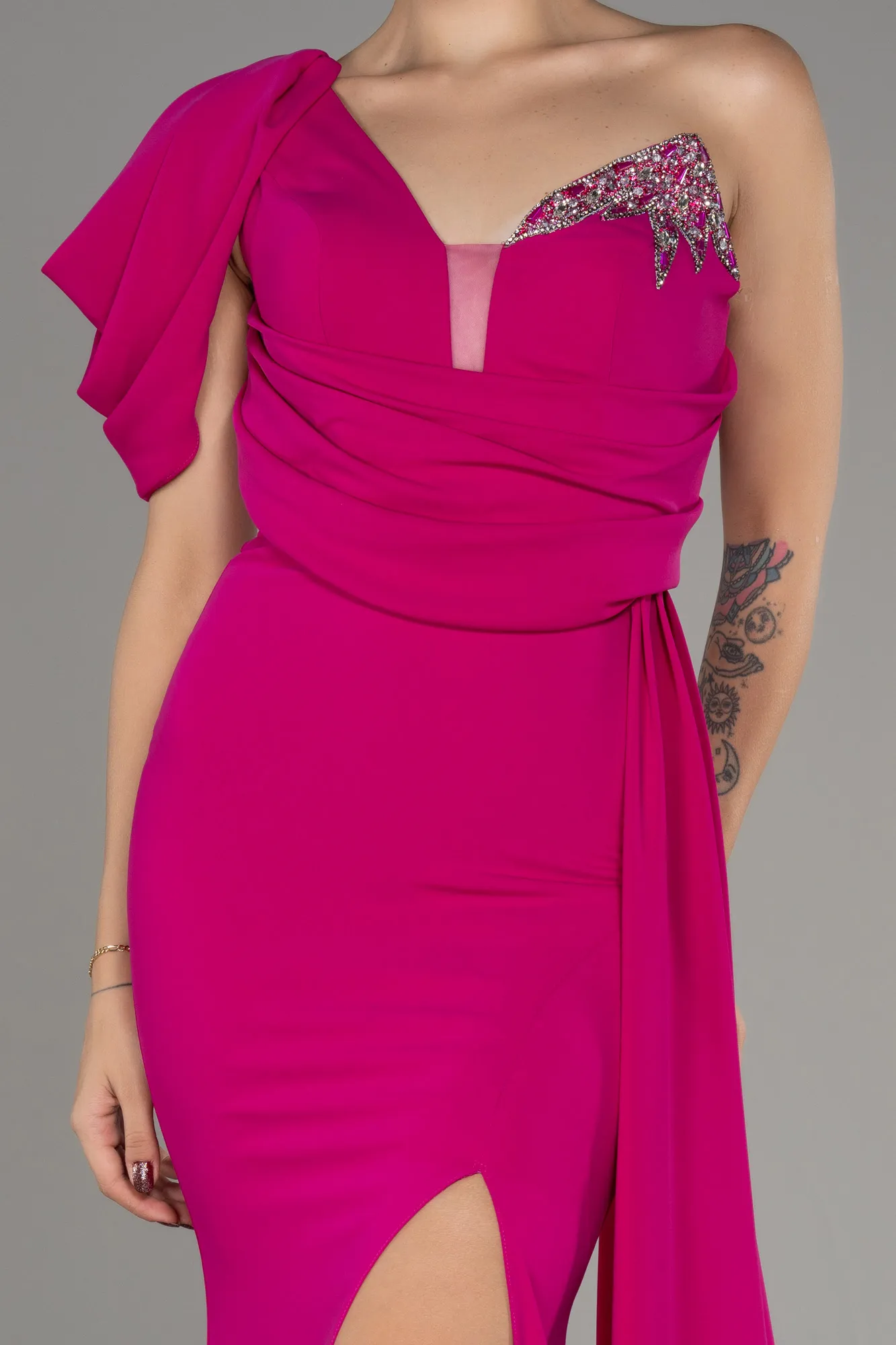 Fuchsia-One Shoulder Slit Long Evening Dress ABU4042