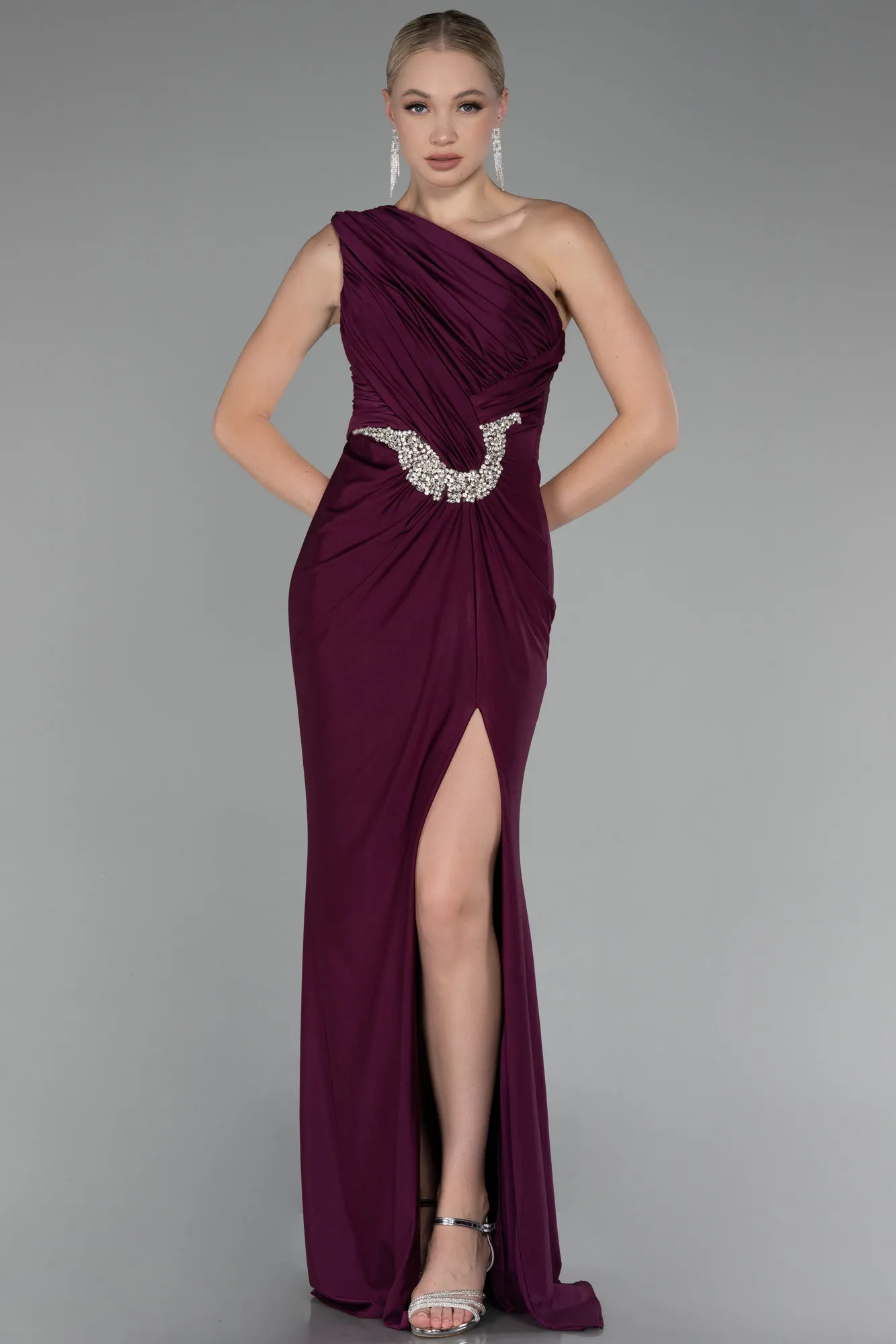 Fuchsia-One Shoulder Slit Long Evening Dress ABU4116