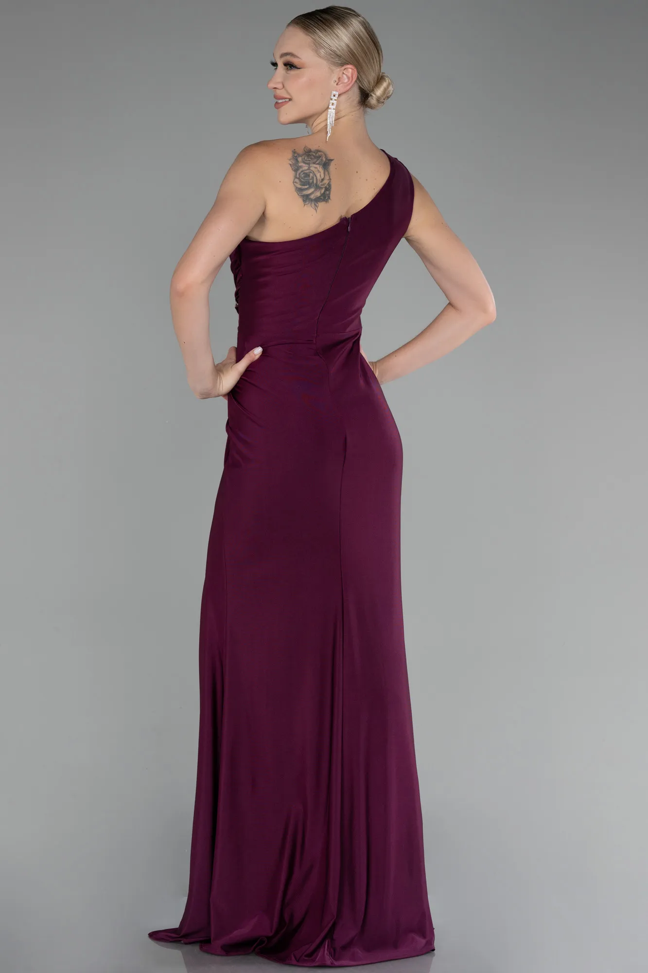 Fuchsia-One Shoulder Slit Long Evening Dress ABU4116