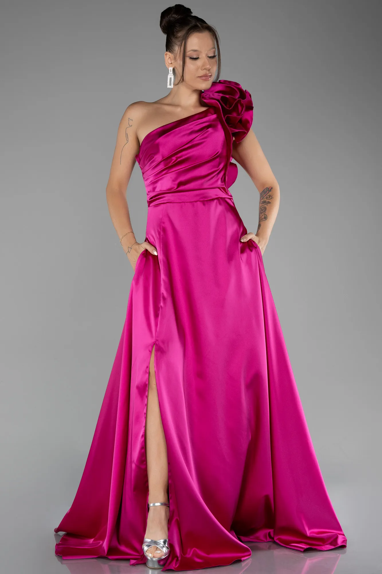 Fuchsia-One Shoulder Slit Long Satin Evening Dress ABU4092