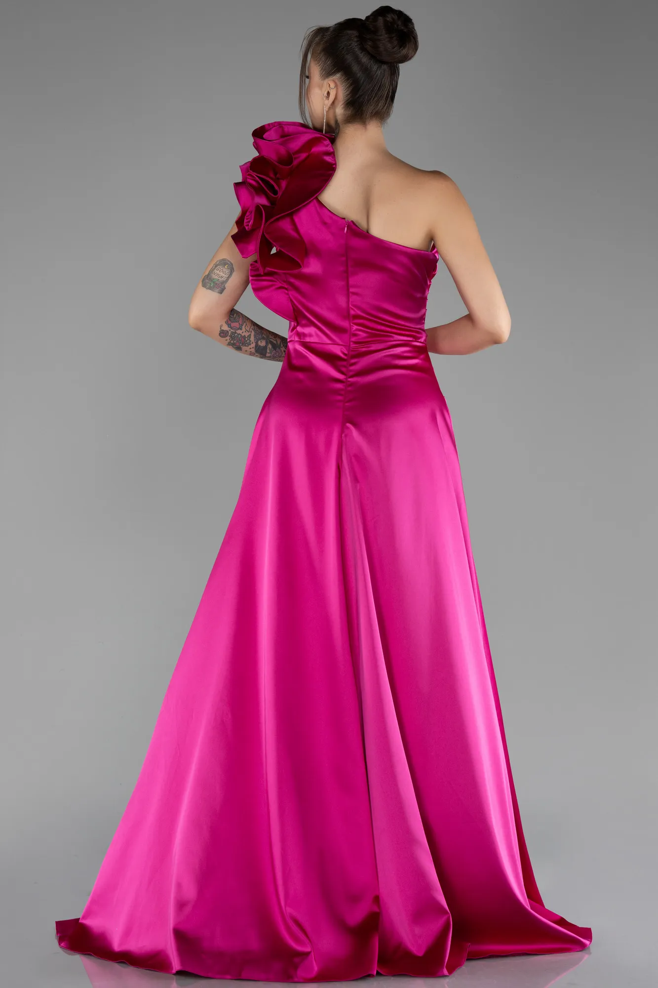 Fuchsia-One Shoulder Slit Long Satin Evening Dress ABU4092