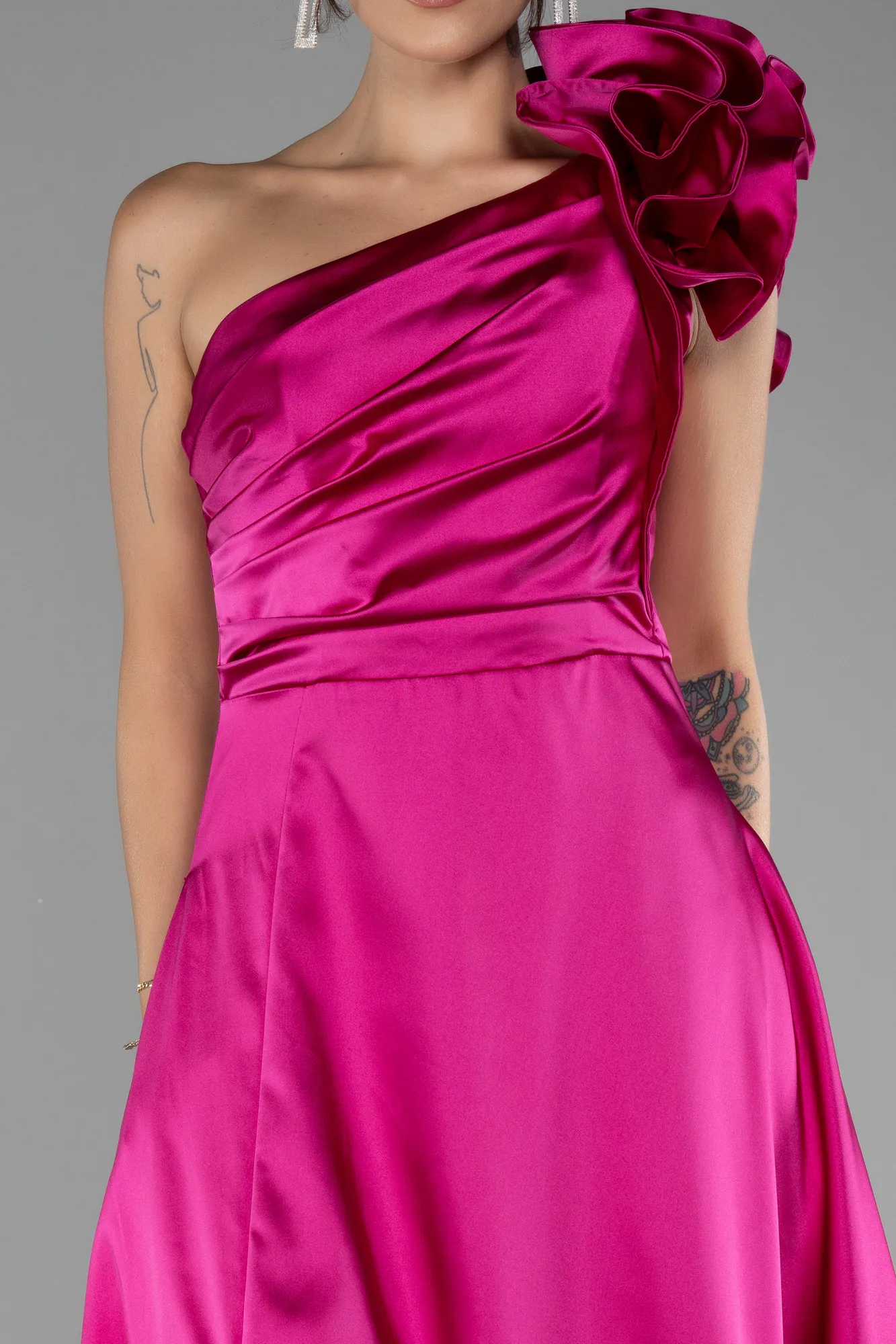 Fuchsia-One Shoulder Slit Long Satin Evening Dress ABU4092