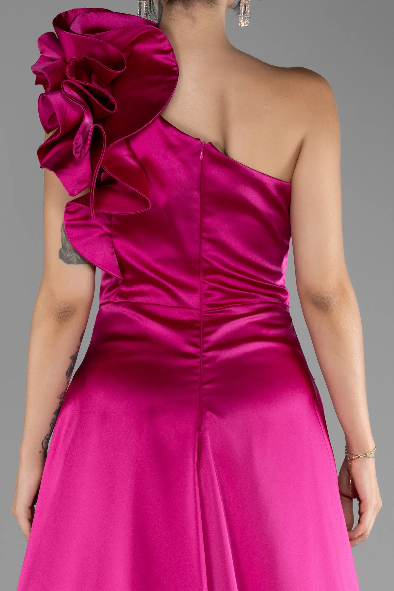 Fuchsia-One Shoulder Slit Long Satin Evening Dress ABU4092