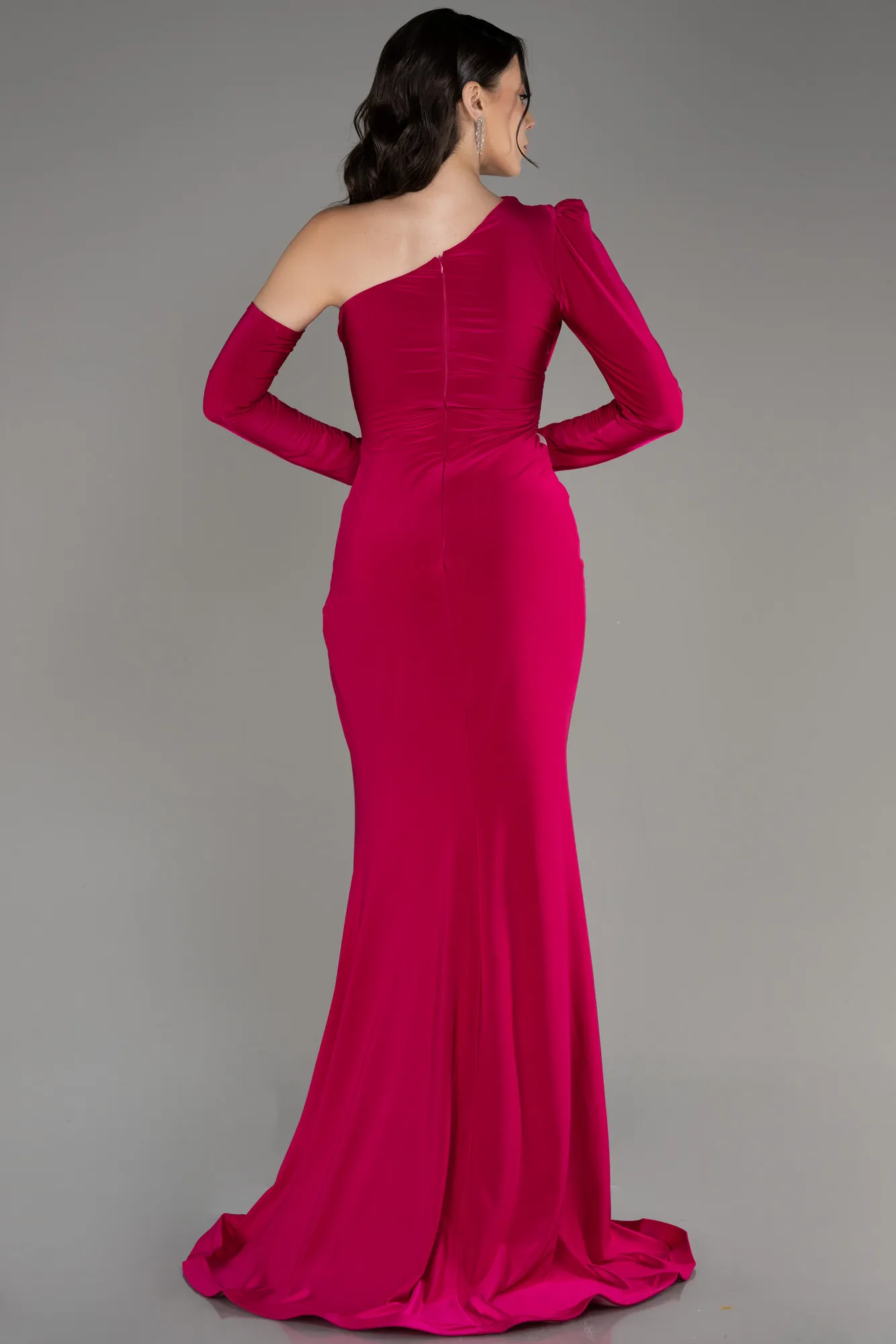 Fuchsia-One Sleeve Long Evening Dress ABU3851