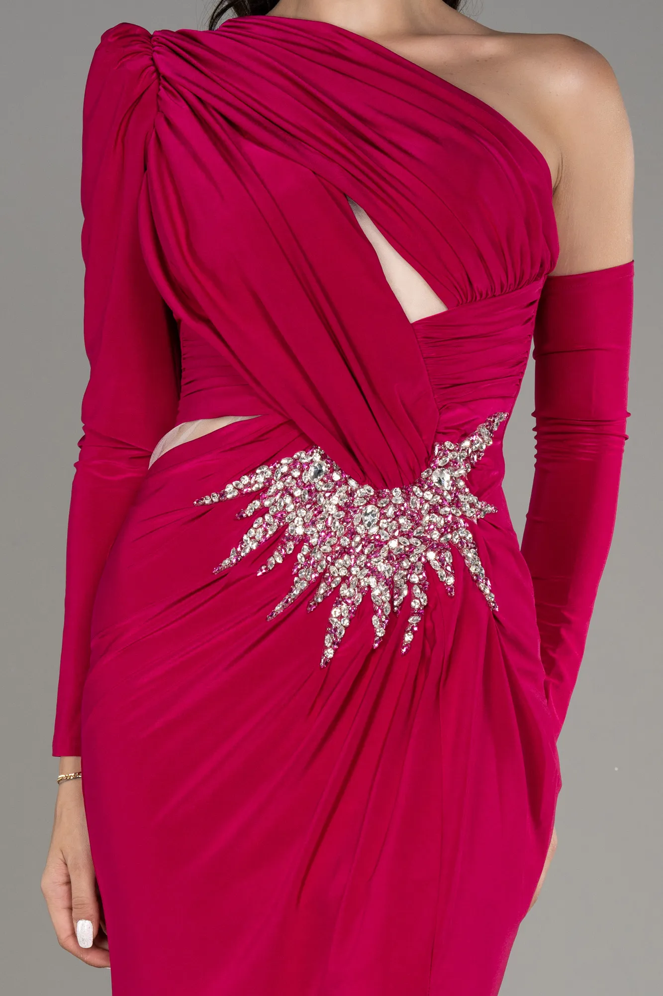 Fuchsia-One Sleeve Long Evening Dress ABU3851