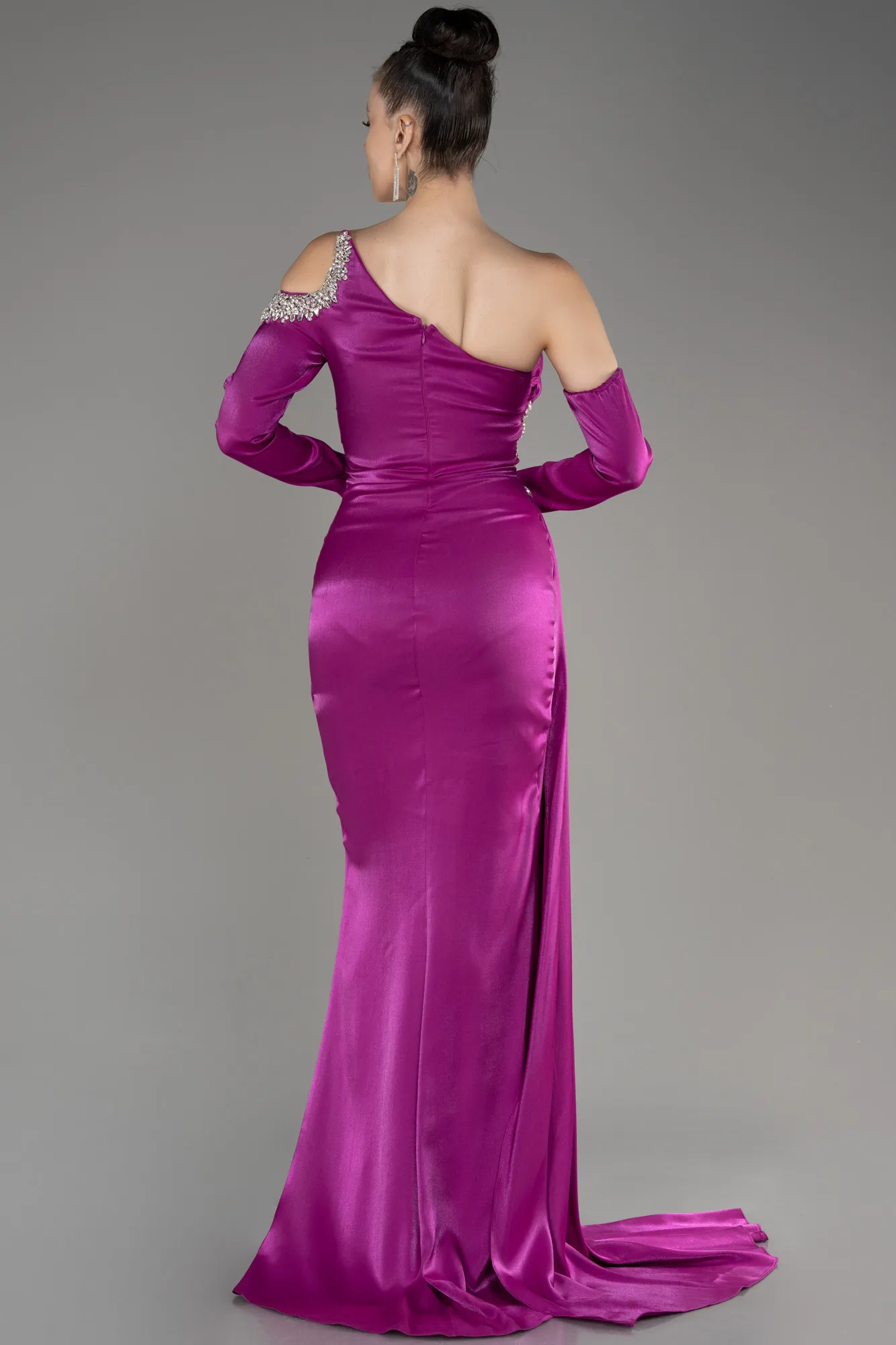 Fuchsia-One Sleeve Long Formal Evening Dress ABU3976