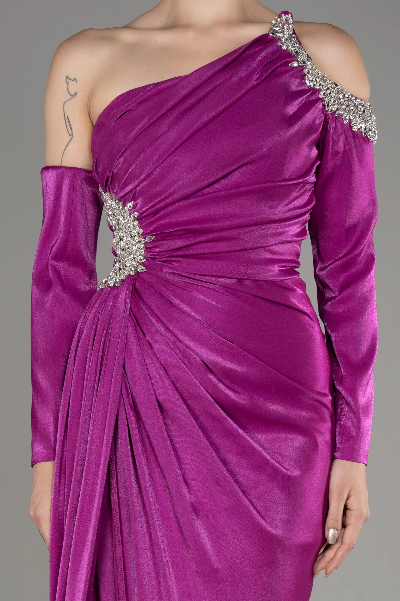 Fuchsia-One Sleeve Long Formal Evening Dress ABU3976