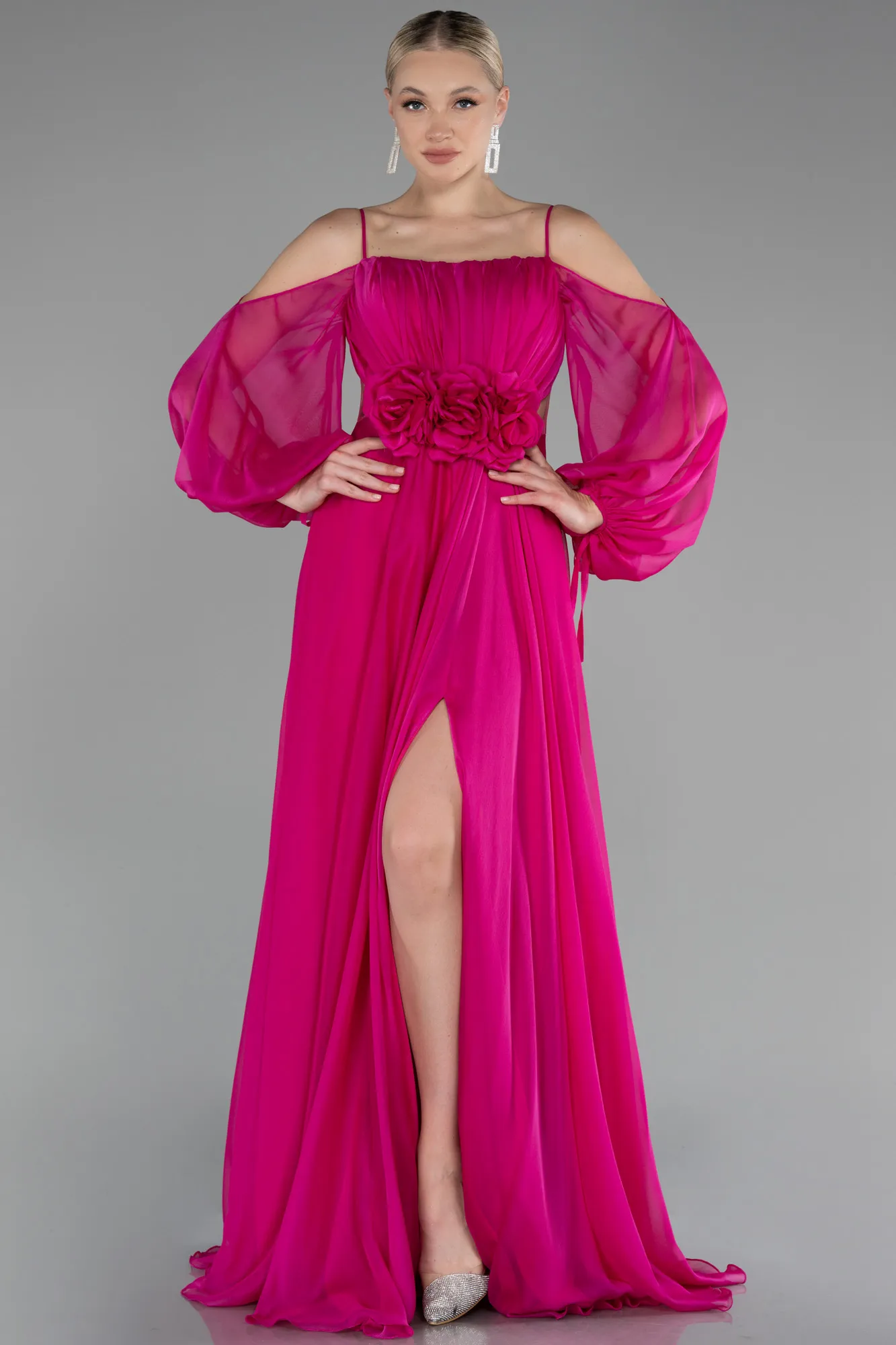 Fuchsia-Shoulder Decollete Long Sleeve Chiffon Prom Dress ABU4165