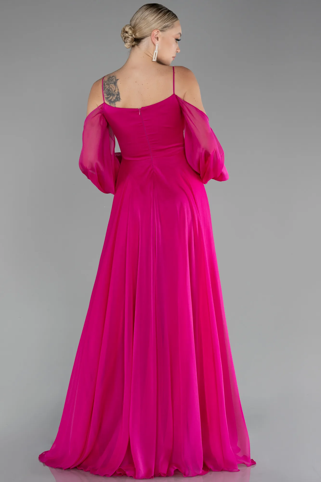 Fuchsia-Shoulder Decollete Long Sleeve Chiffon Prom Dress ABU4165